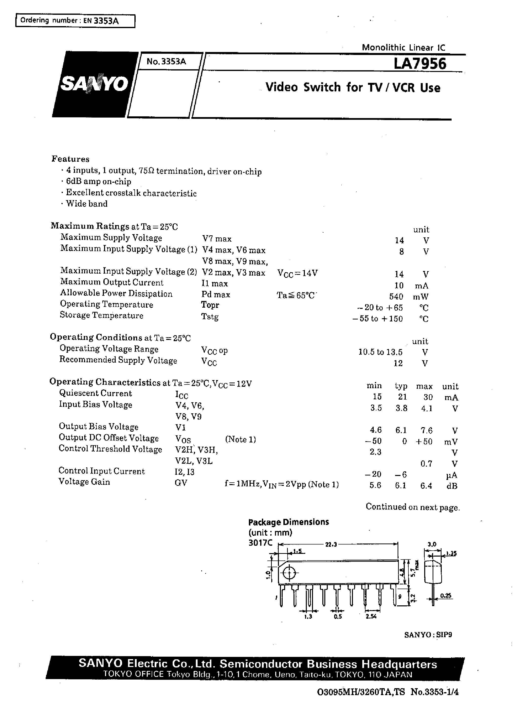 Datasheet LA7956 - Video Switch for TV/VCR Use page 1