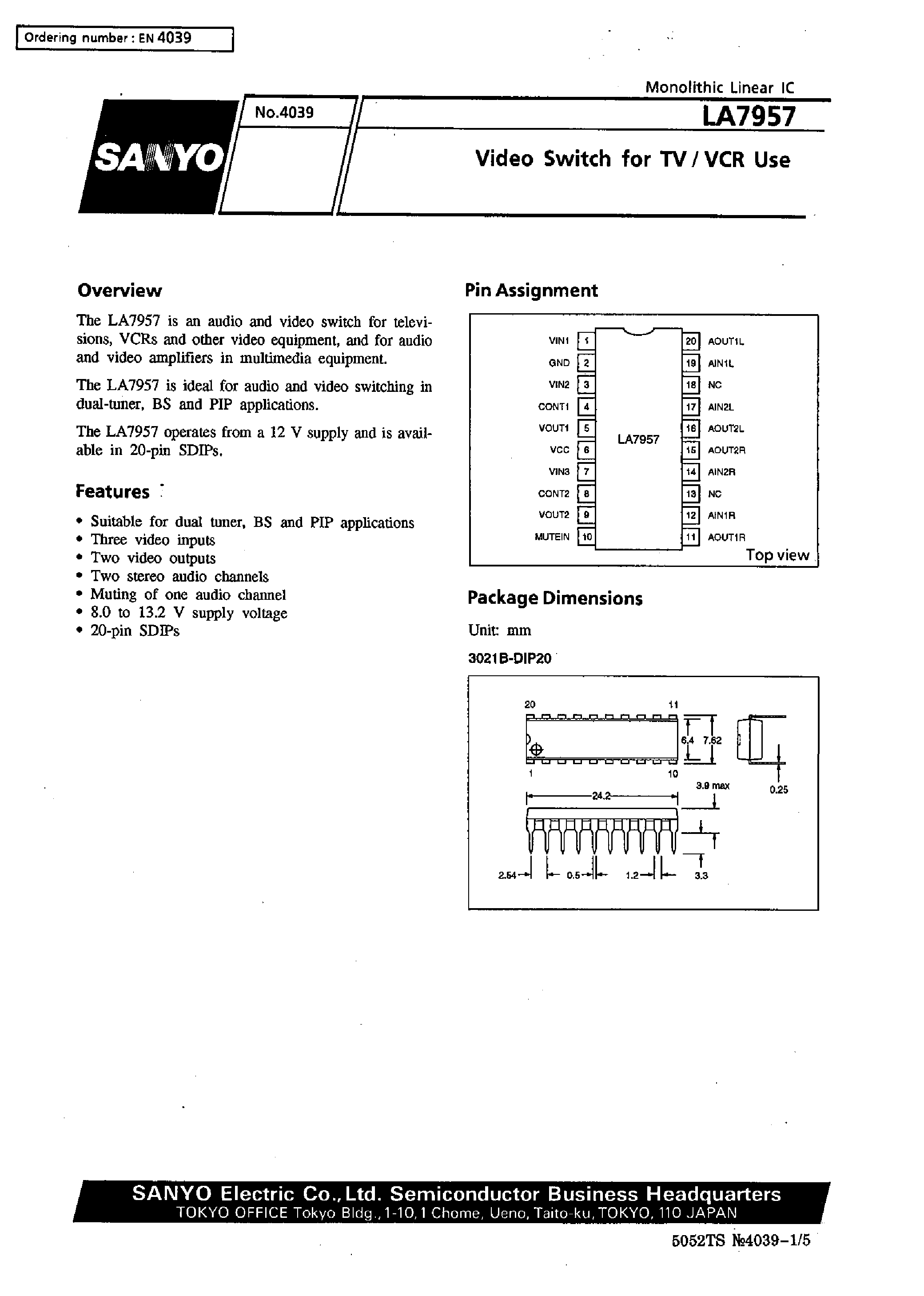 Datasheet LA7957 - Video Switch for TV/VCR Use page 1