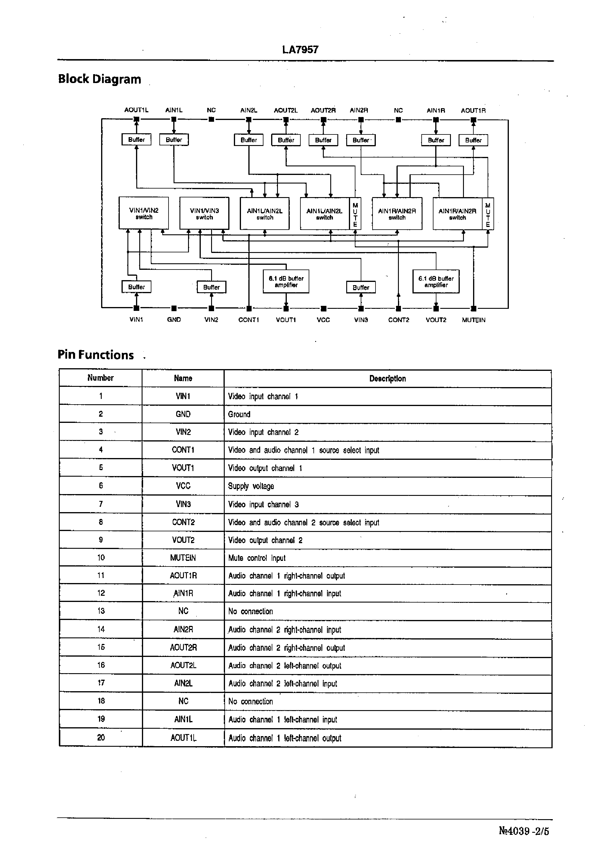 Datasheet LA7957 - Video Switch for TV/VCR Use page 2