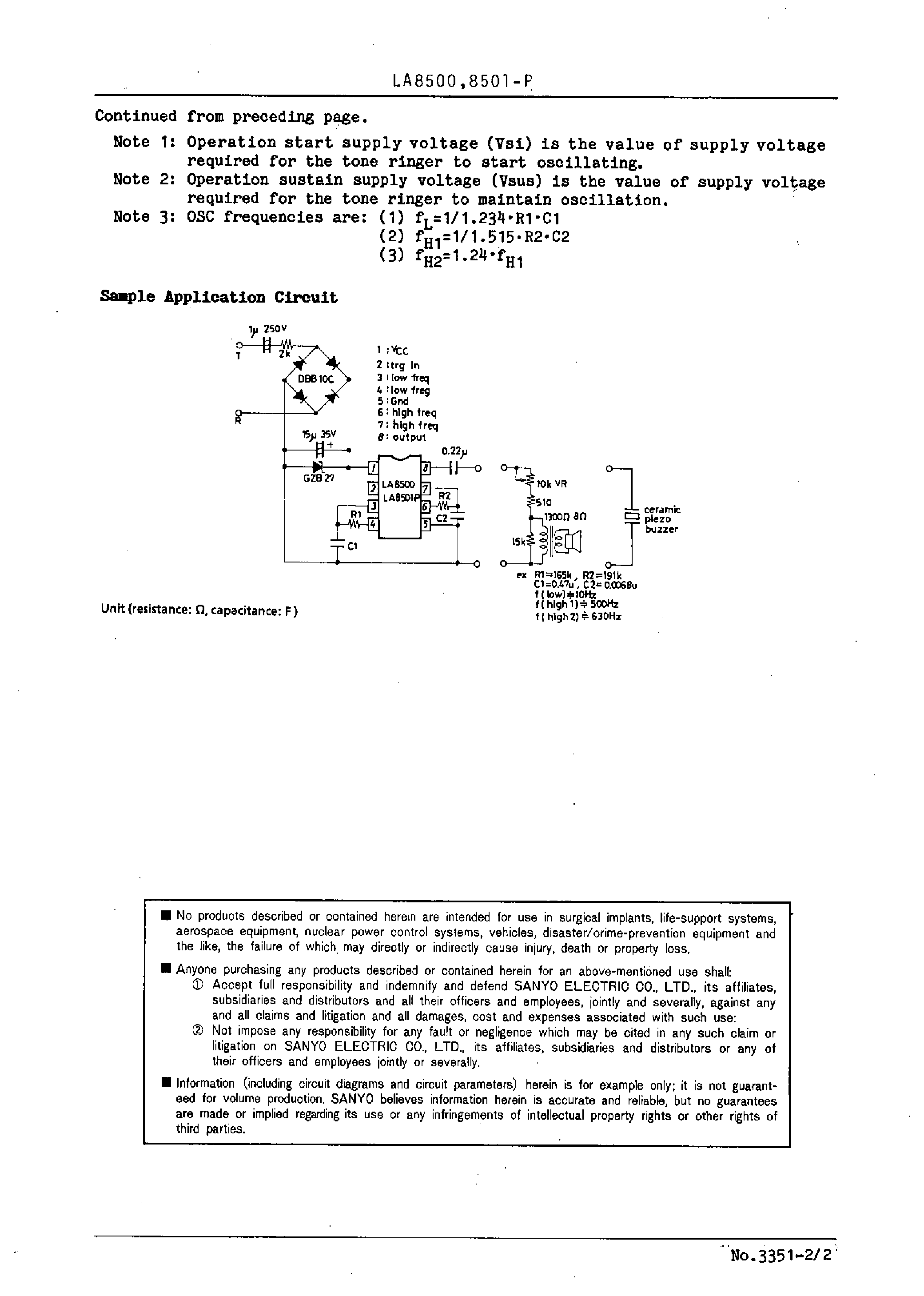 Даташит LA8501-P - Tone Ringer страница 2