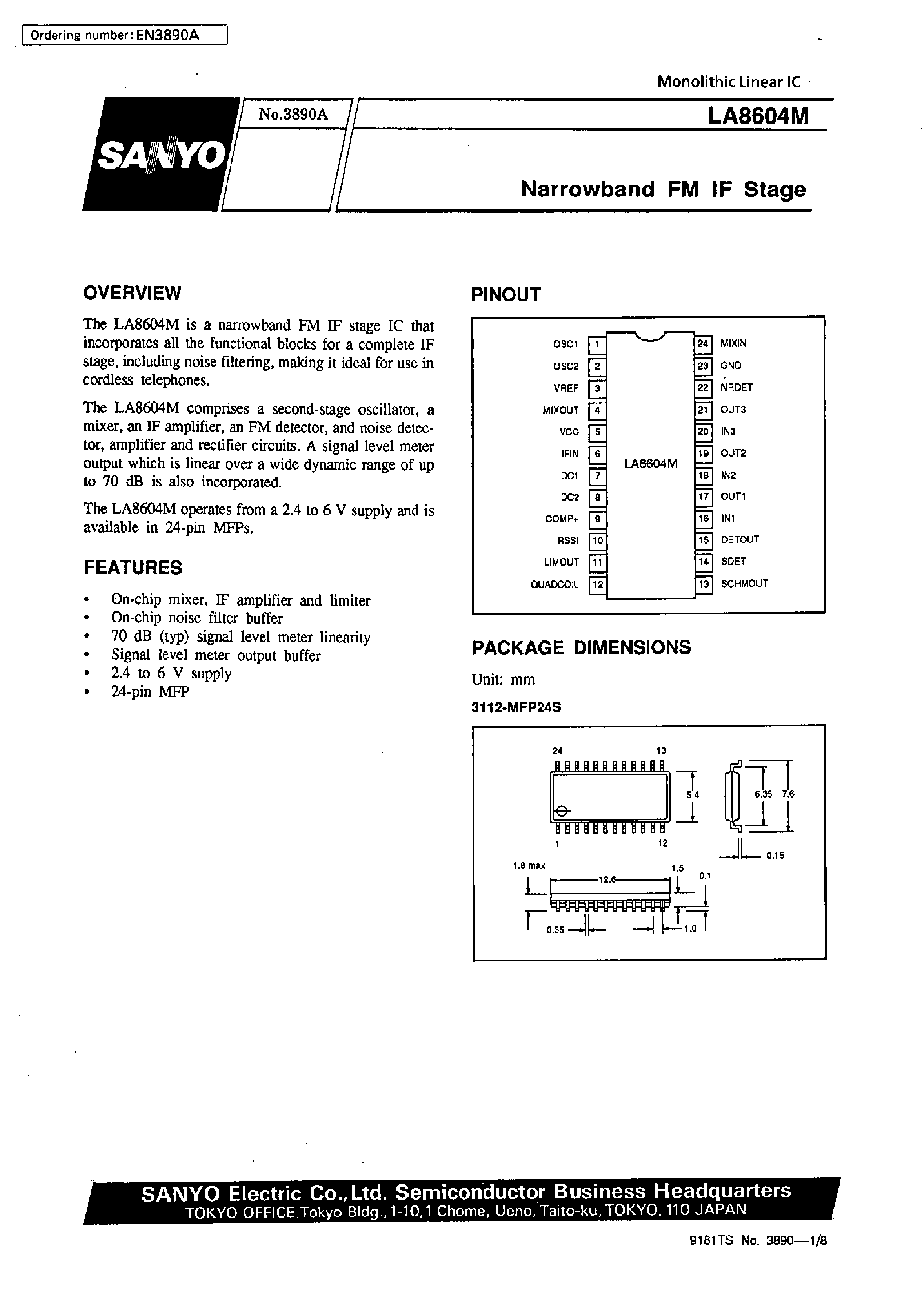 Datasheet LA8604M - Narrowband FM IF Stage page 1