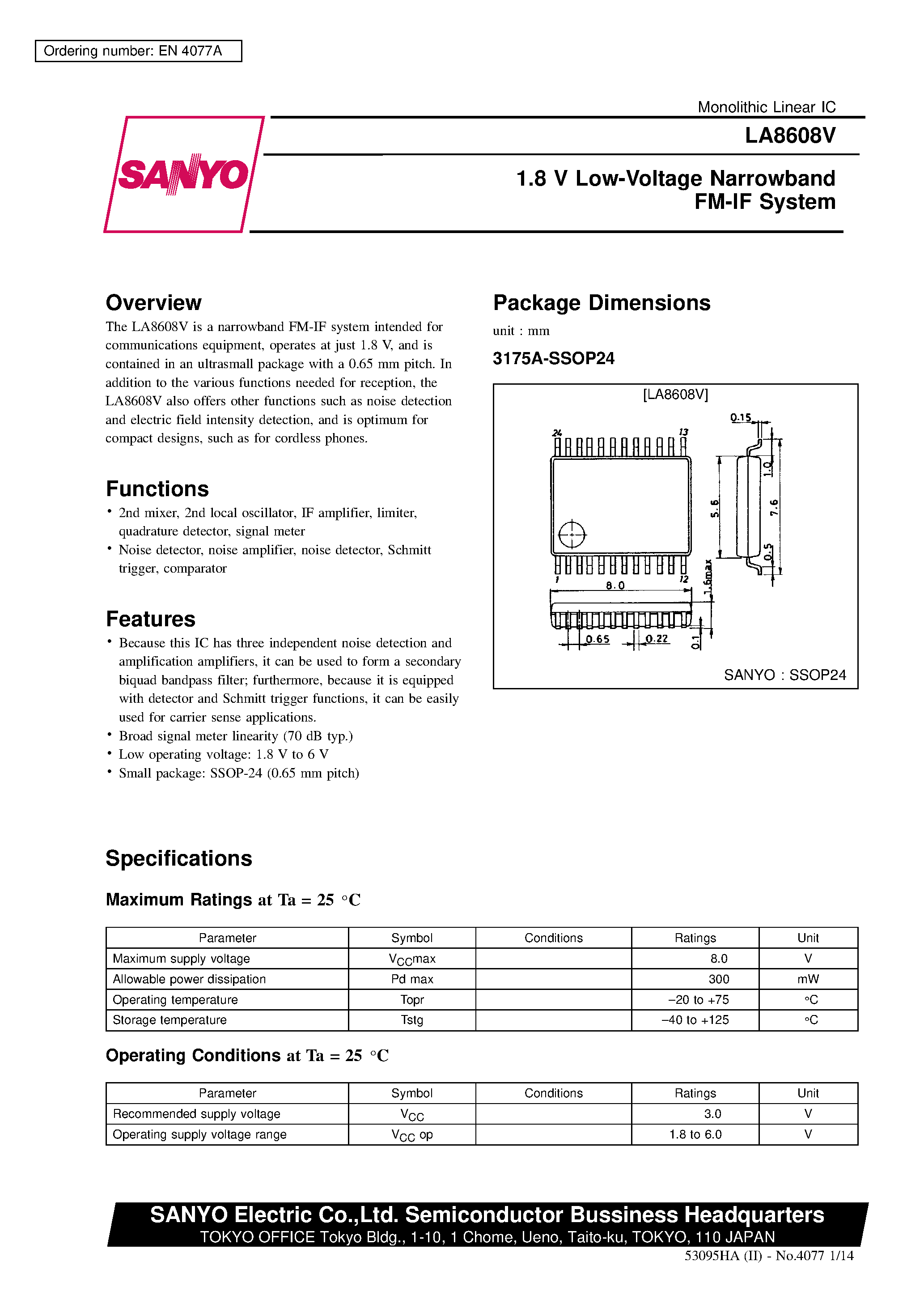 Datasheet LA8608V - 1.8 V Low-Voltage Narrowband FM-IF System page 1