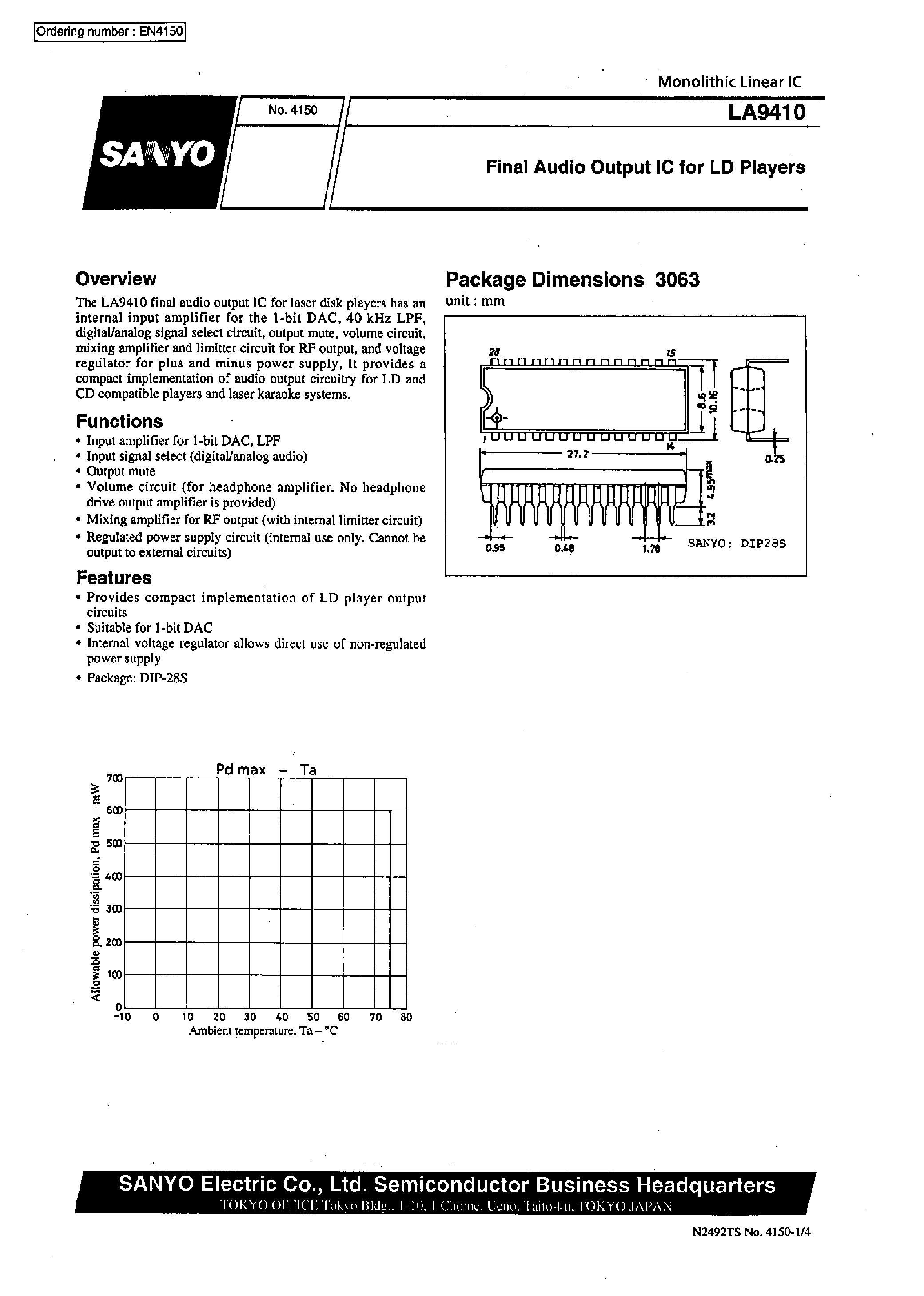 Datasheet LA9410 page 1 Datasheet LA9410 - Final Audio Output IC for LD Players page 1