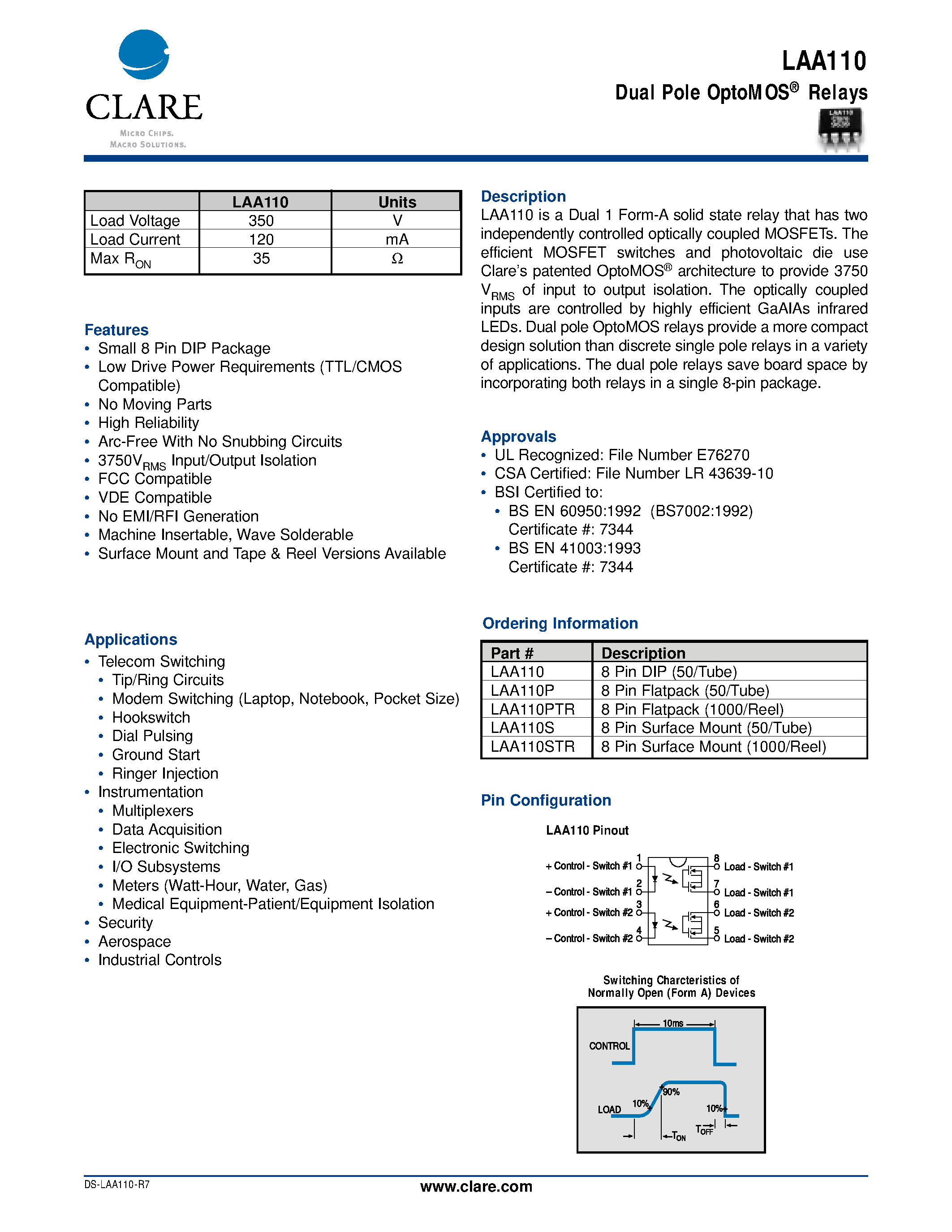 Datasheet LAA110PTR page 1 Datasheet LAA110PTR - Dual Pole OptoMOS Relays page 1