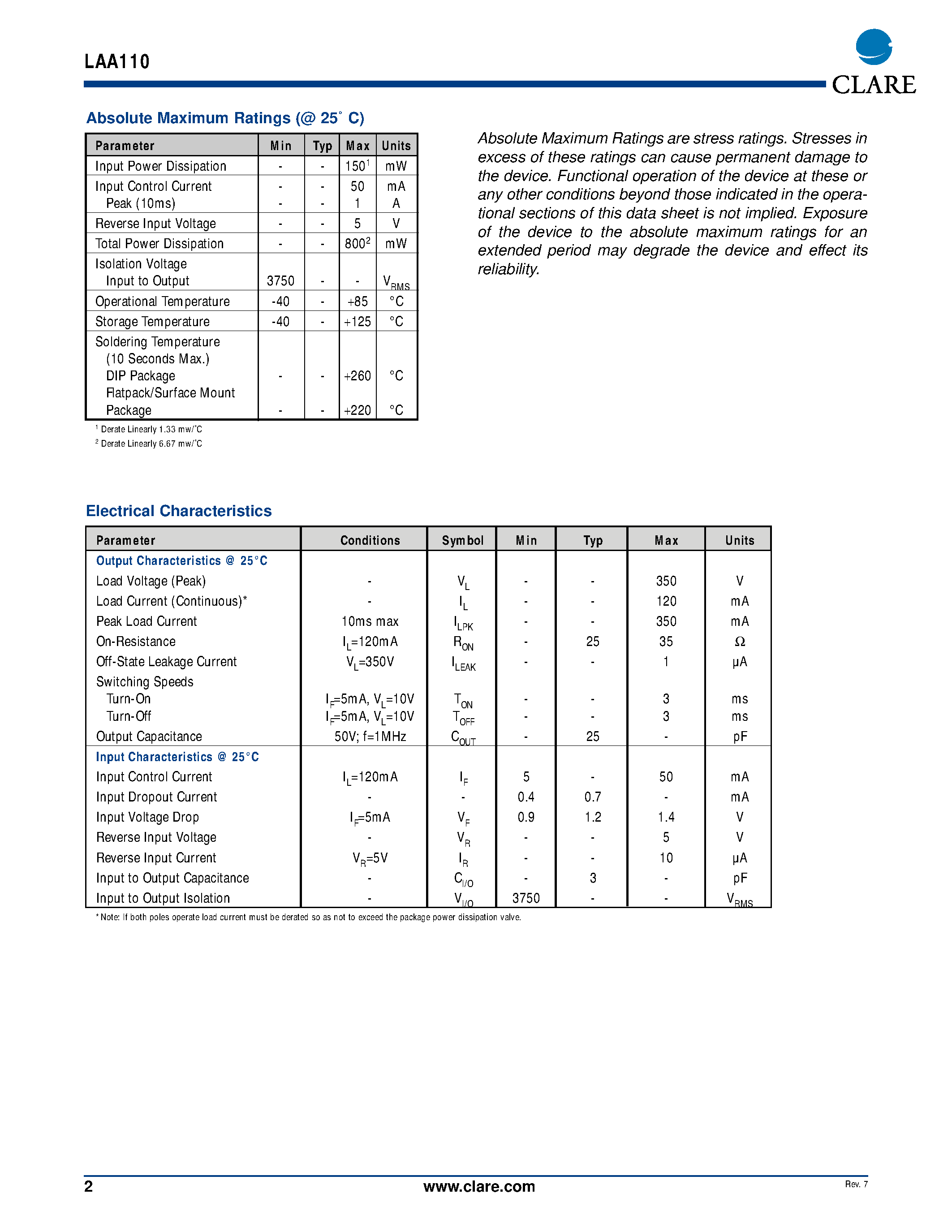 Datasheet LAA110PTR page 2 Datasheet LAA110PTR - Dual Pole OptoMOS Relays page 2