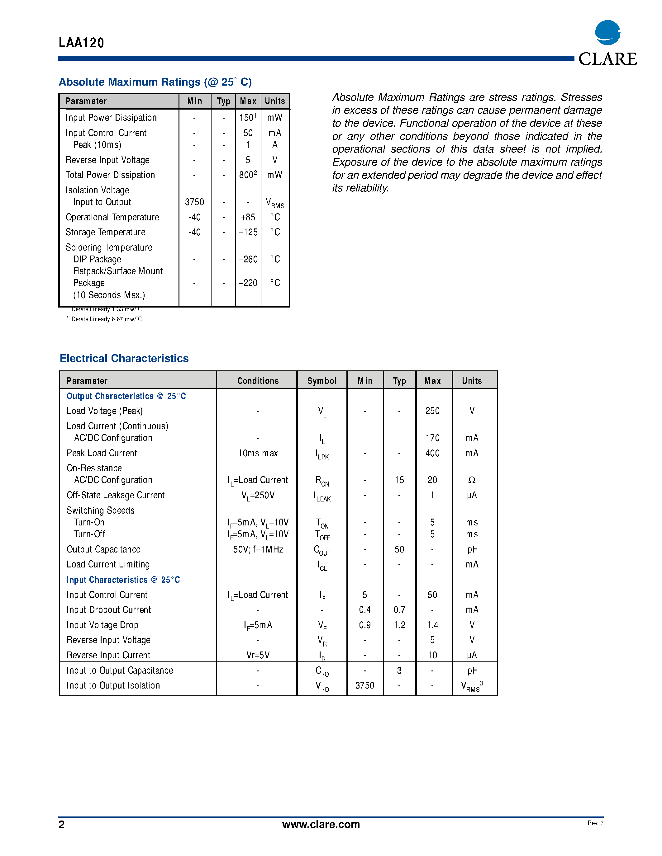 Datasheet LAA120PTR - DUAL POLE OptoMOS Relay page 2