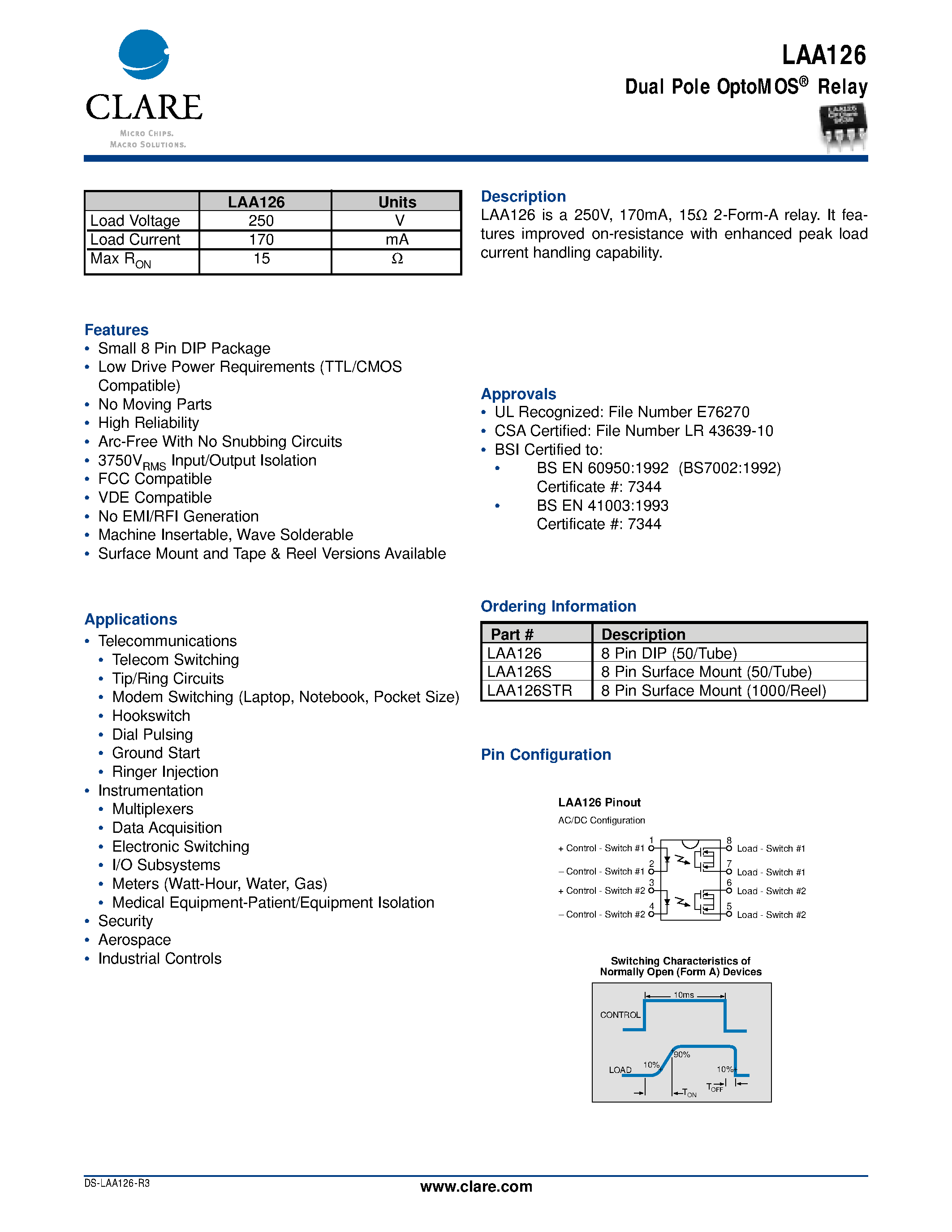 Datasheet LAA126STR - Dual Pole OptoMOS Relay page 1
