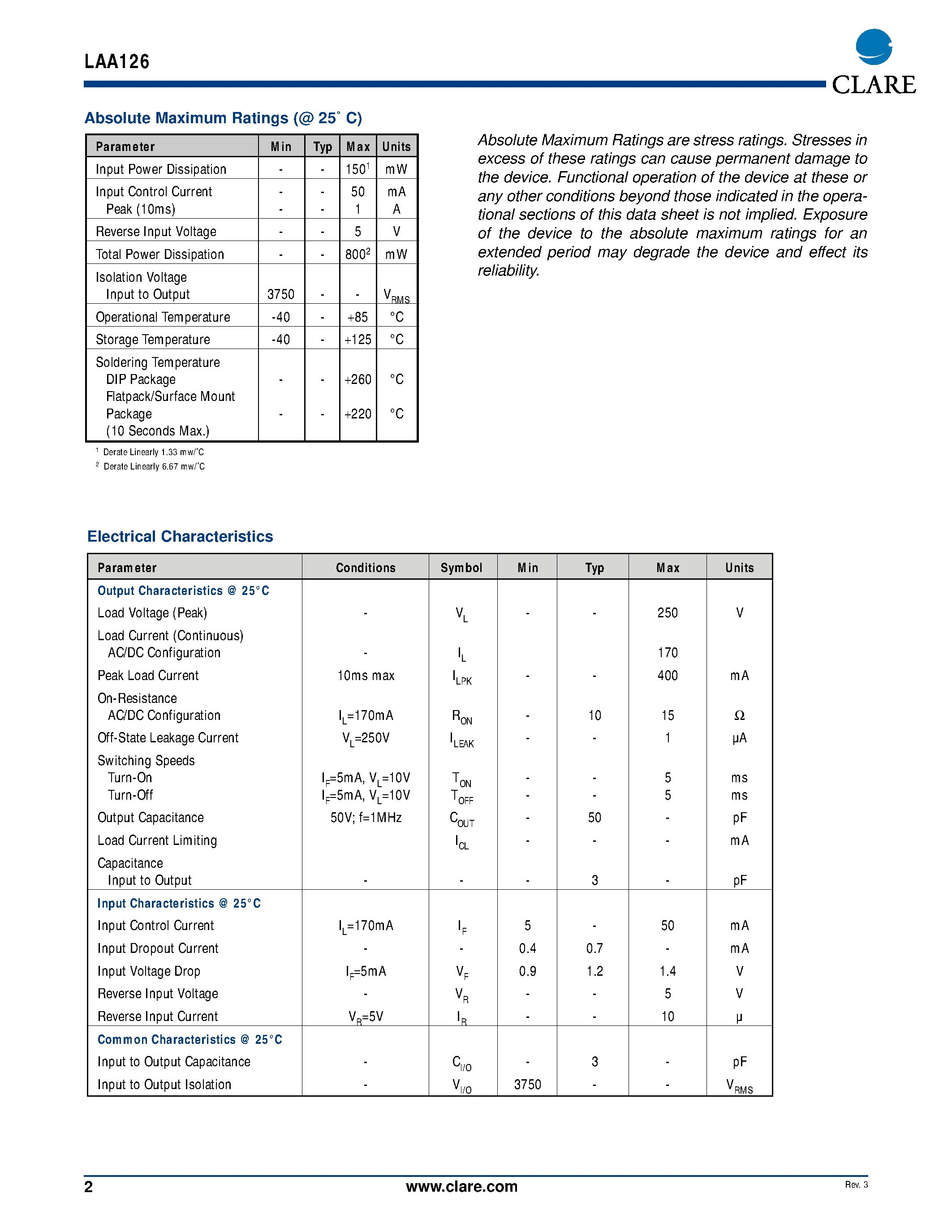 Datasheet LAA126STR - Dual Pole OptoMOS Relay page 2