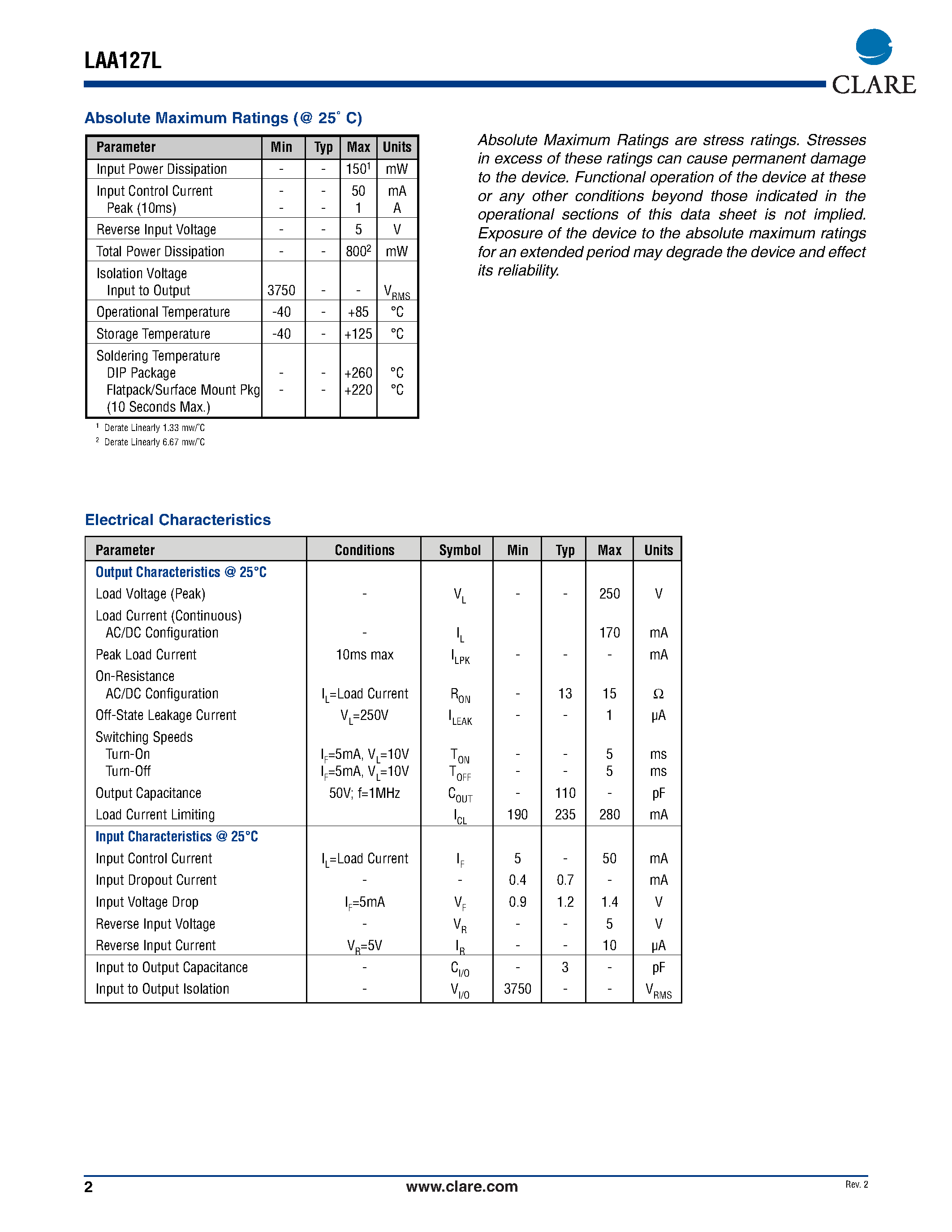 Datasheet LAA127LSTR - DUAL POLE OptoMOS Relay page 2