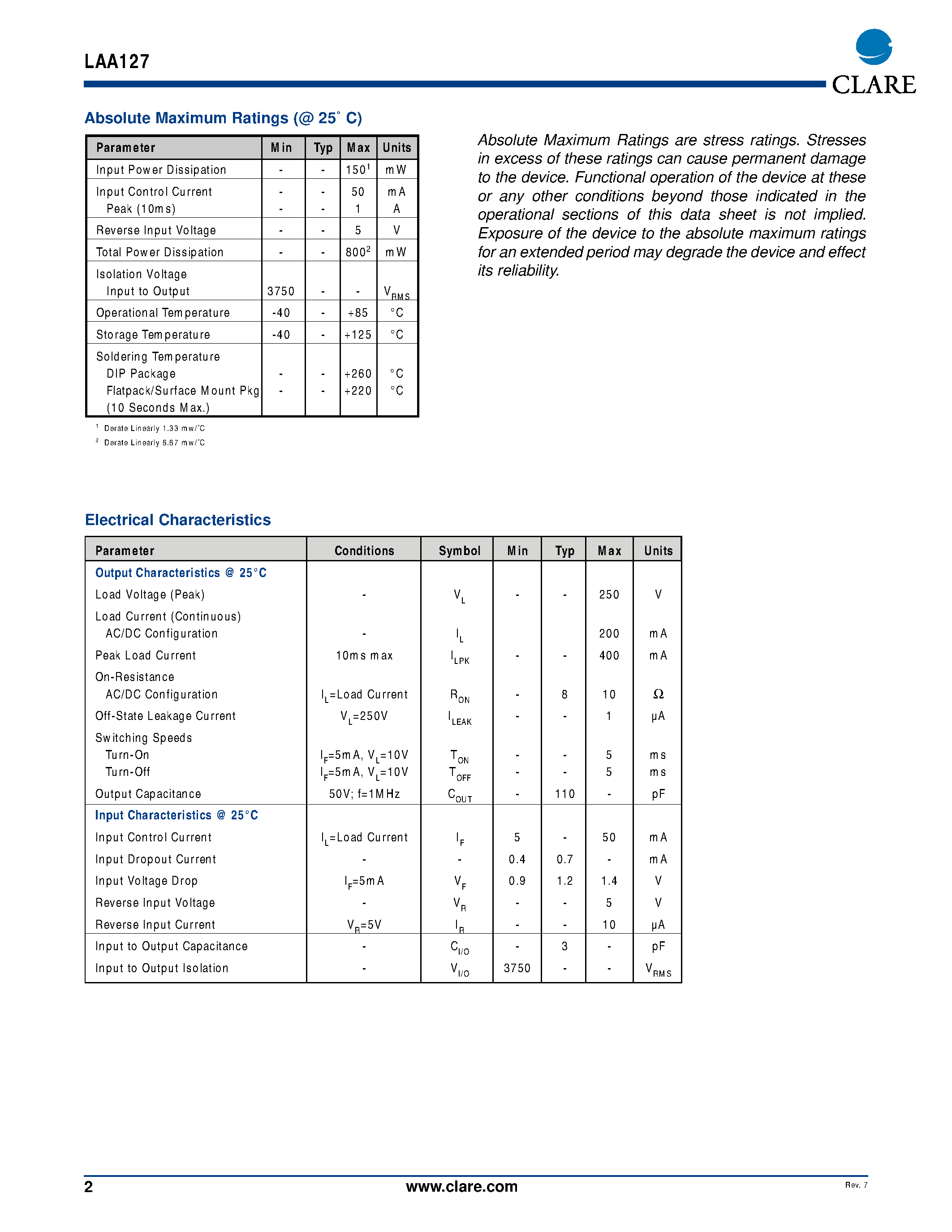 Даташит LAA127STR - DUAL POLE OptoMOS Relay страница 2