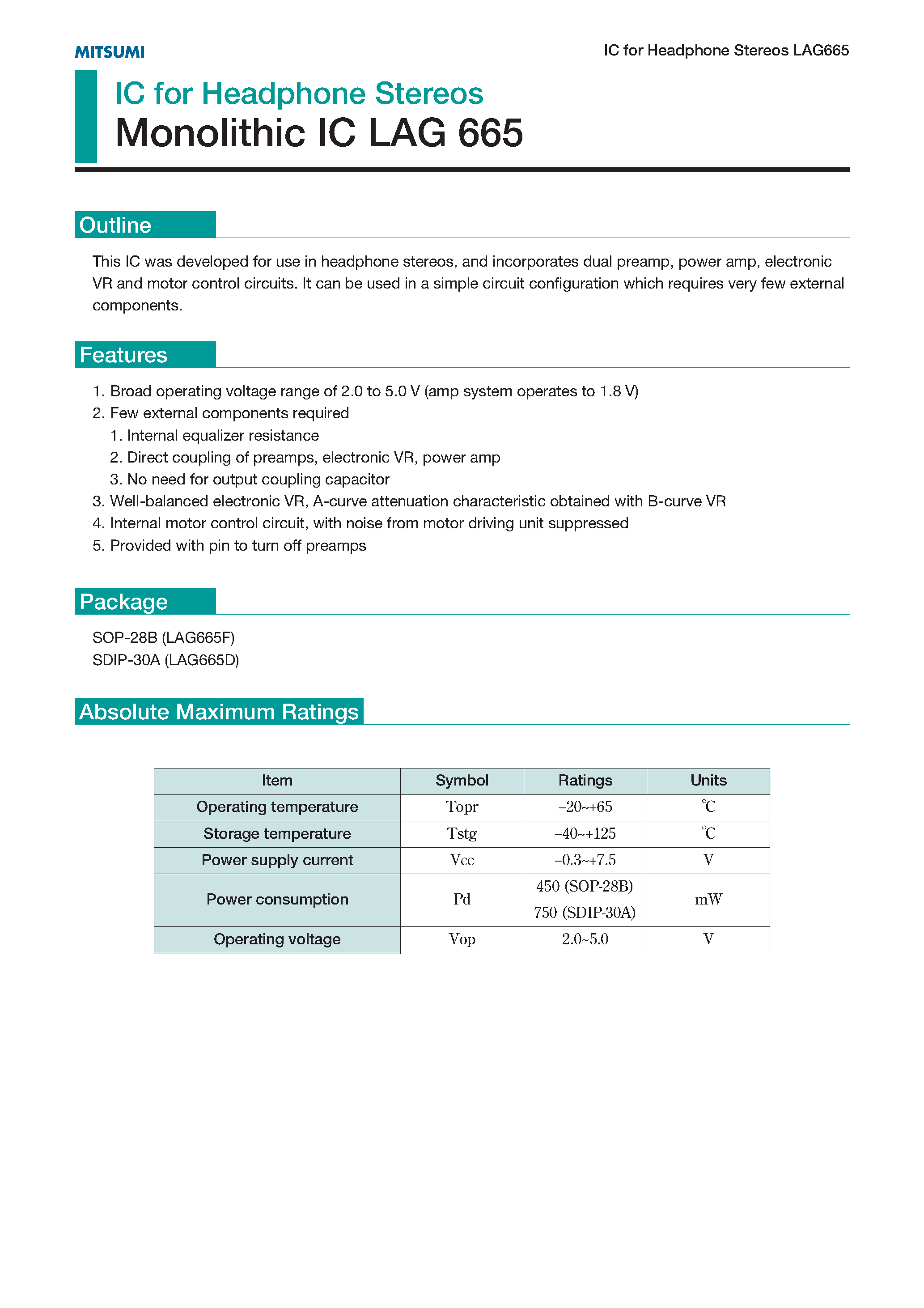 Даташит LAG665F - IC for Headphone Stereos Monolithic IC LAG 665 страница 1