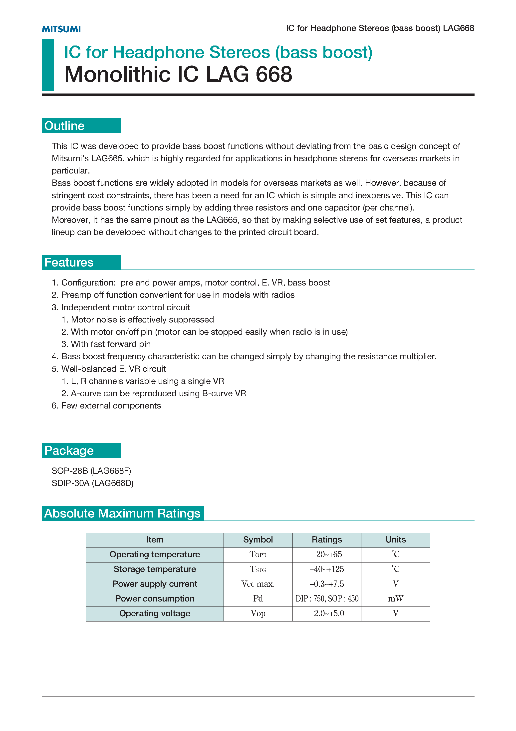 Даташит LAG668D - IC for Headphone Stereos (bass boost) страница 1