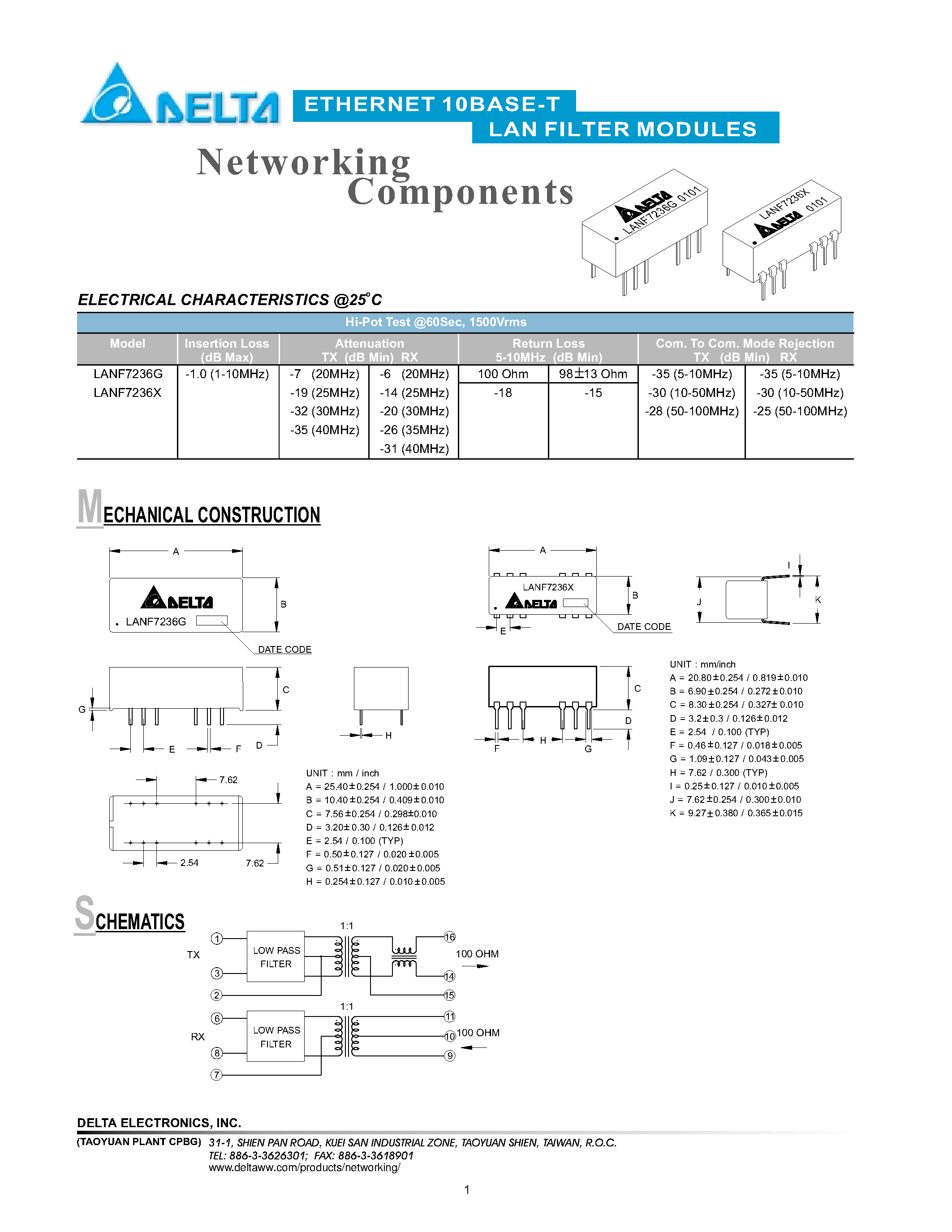 Даташит LANF7236G - ETHERNET 10BASE-T LAN FILTER MODULES страница 1