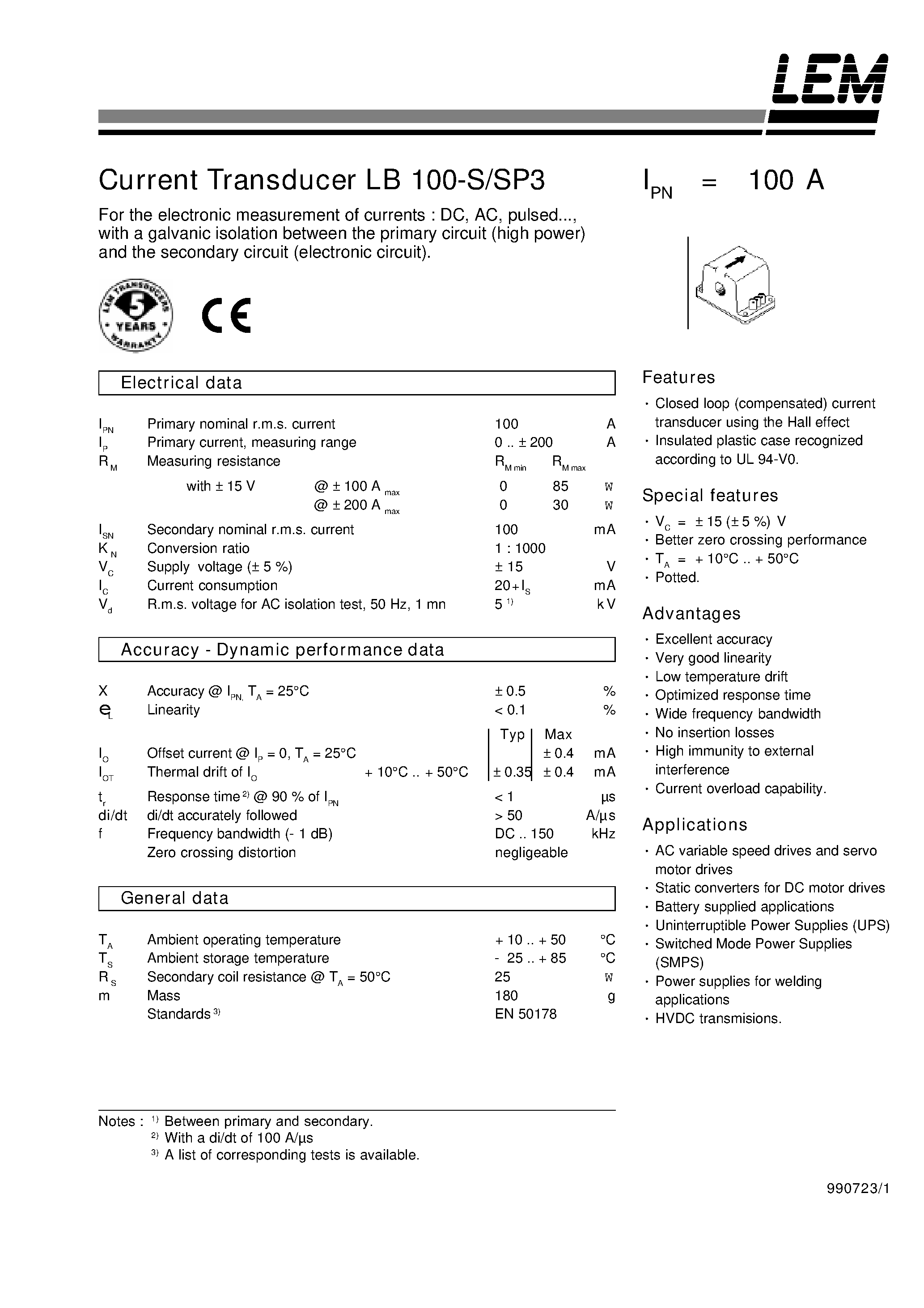 Datasheet LB100-S - Current Transducer LB 100-S/SP3 page 1