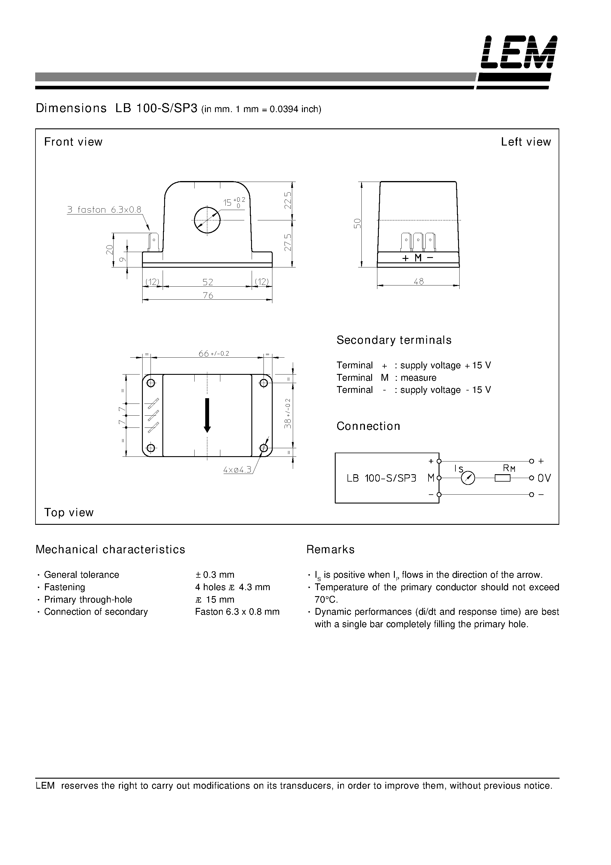 Даташит LB100-S - Current Transducer LB 100-S/SP3 страница 2