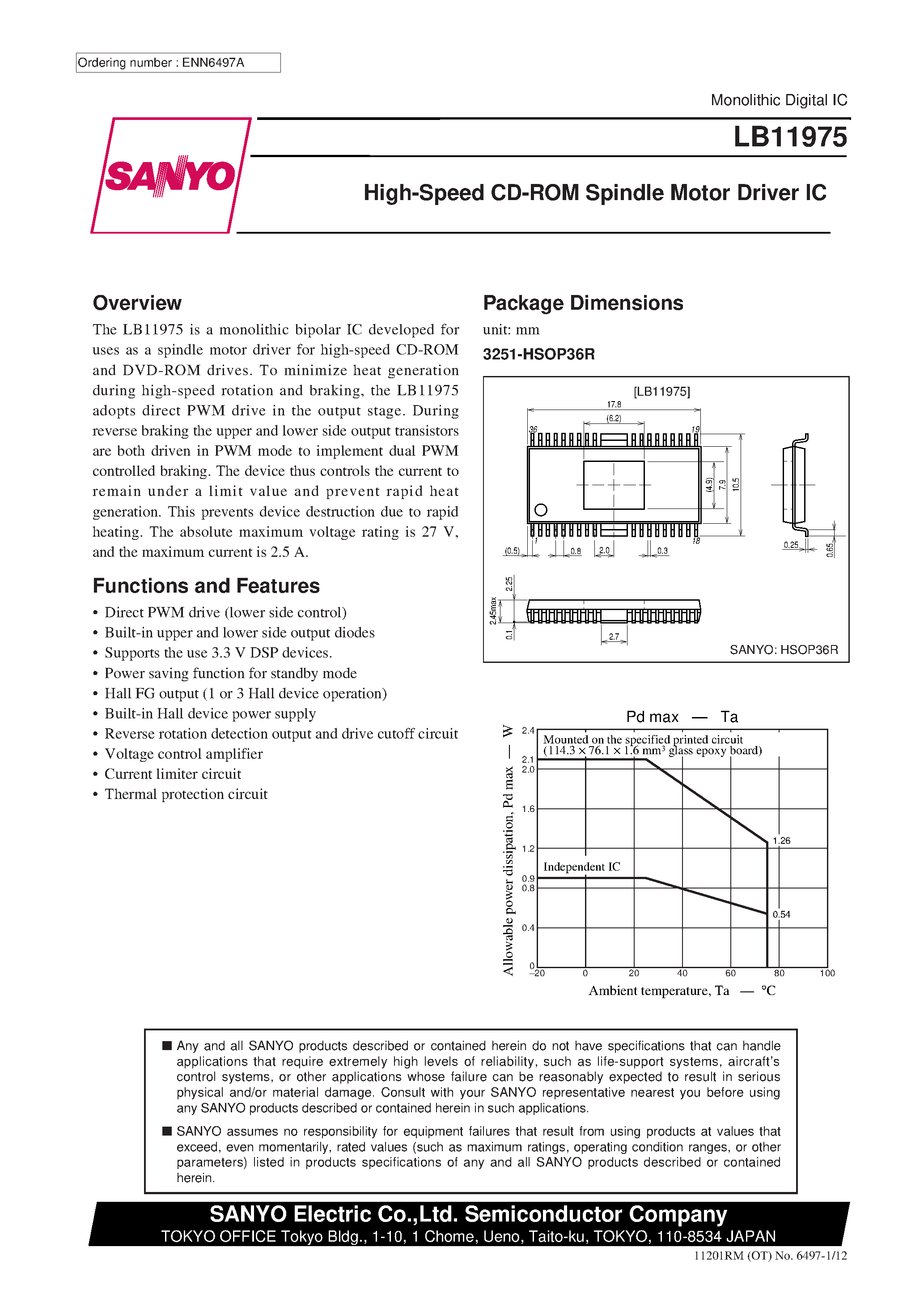 Datasheet LB11975 - High-Speed CD-ROM Spindle Motor Driver IC page 1