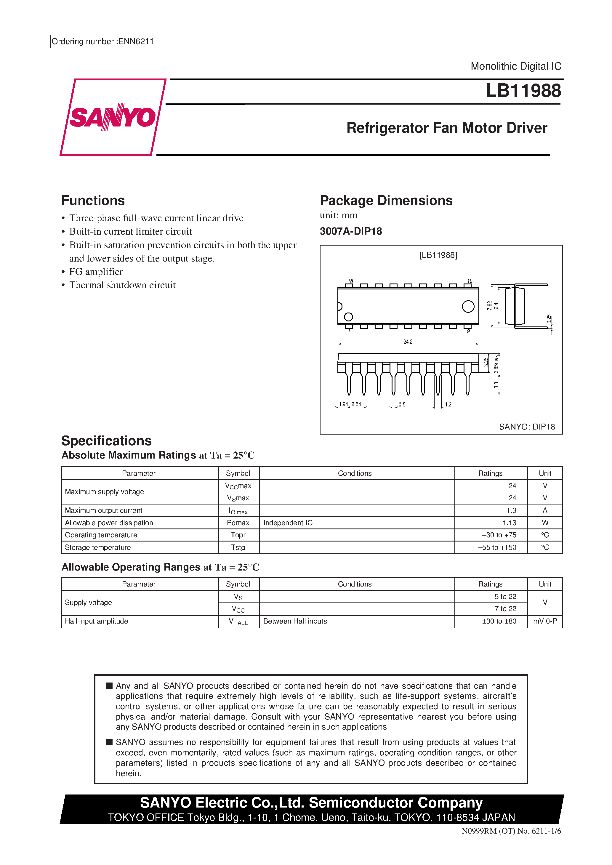Datasheet LB11988 - Refrigerator Fan Motor Driver page 1