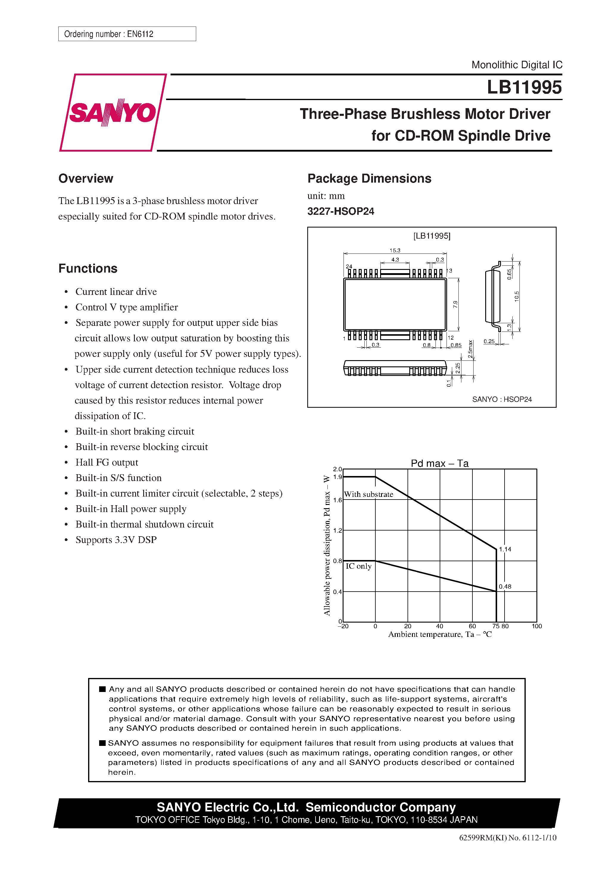 Datasheet LB11995 - Three-Phase Brushless Motor Driver for CD-ROM Spindle Drive page 1