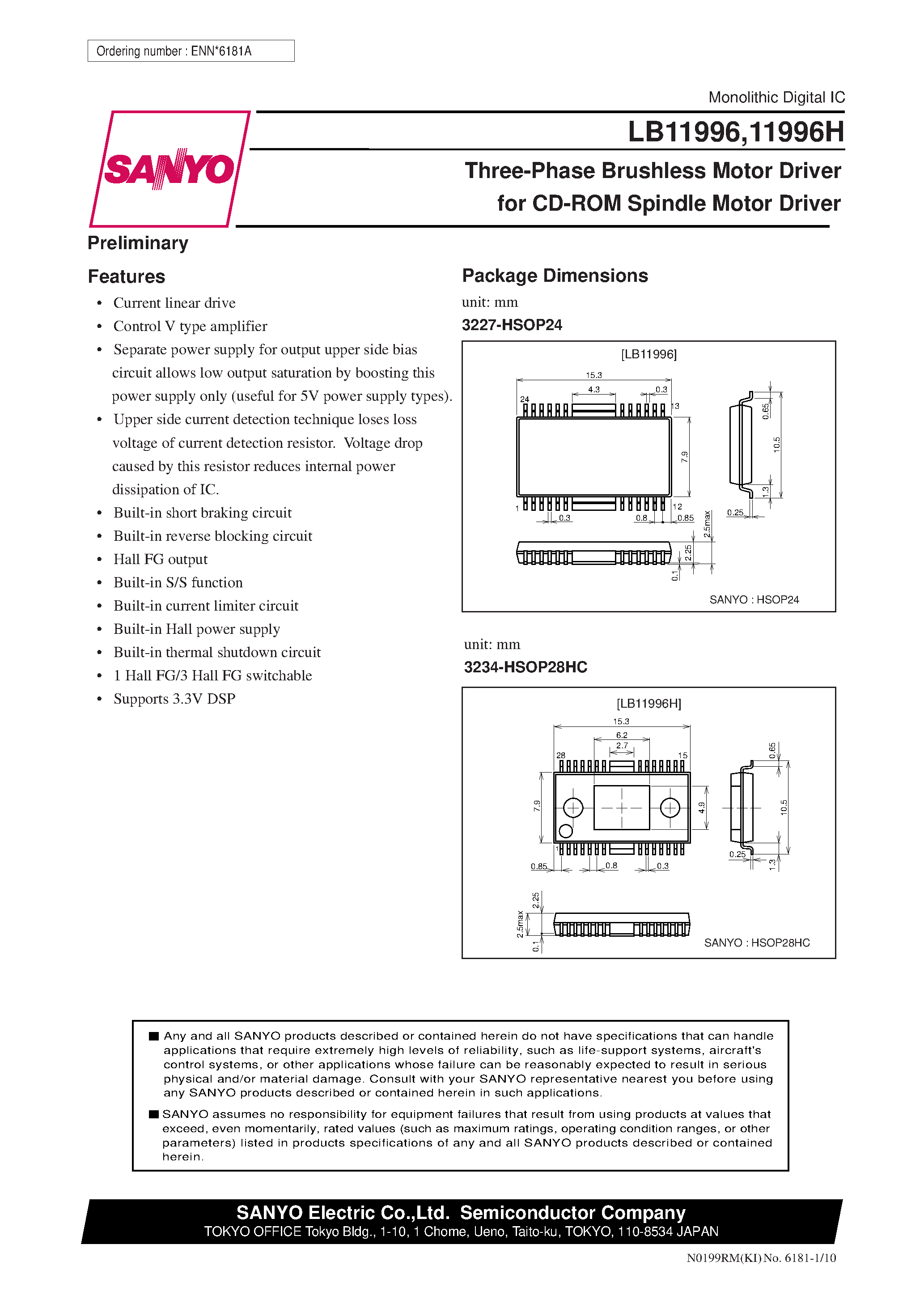 Datasheet LB11996 page 1 Datasheet LB11996 - Three-Phase Brushless Motor Driver for CD-ROM Spindle Motor Driver page 1