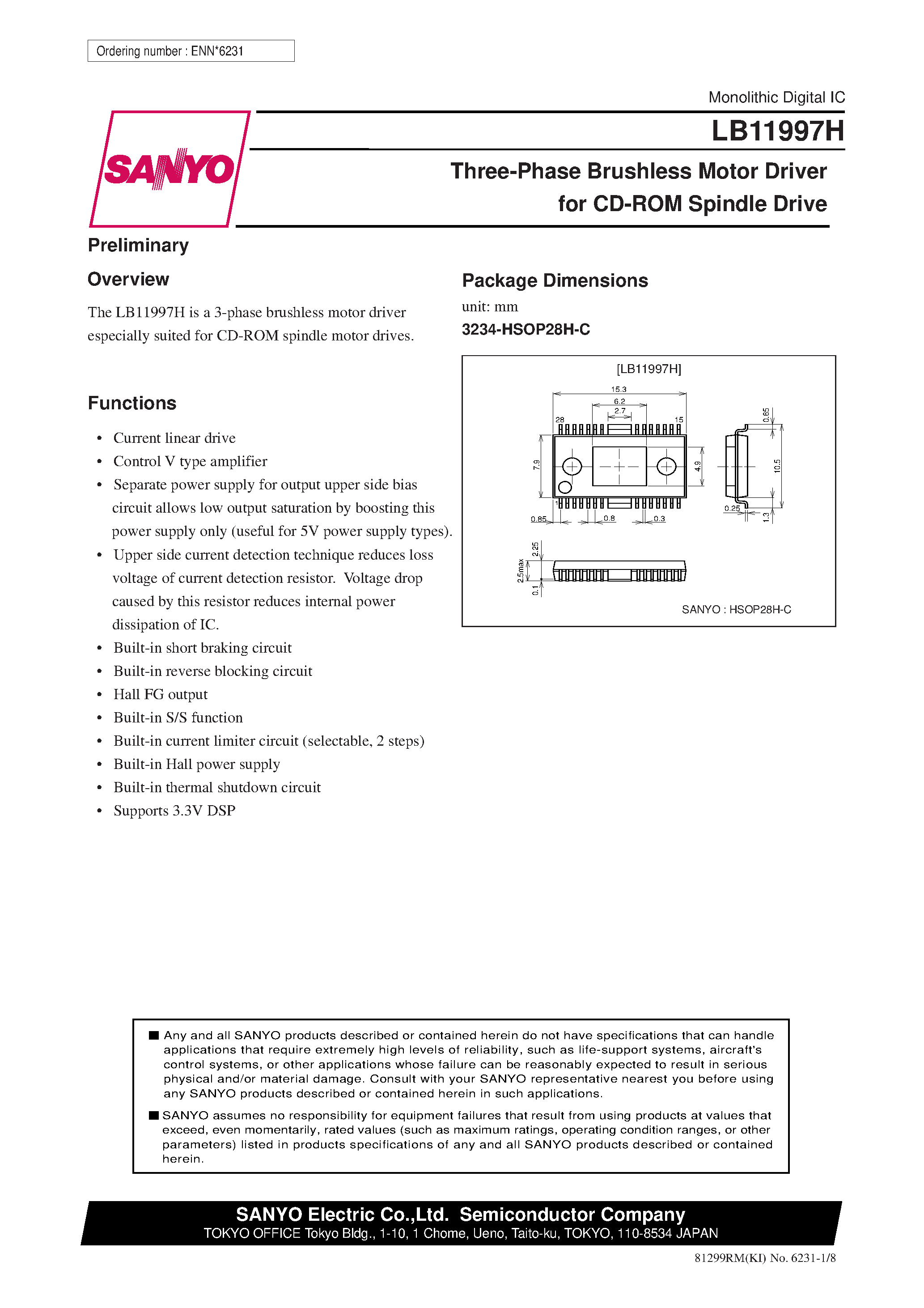 Datasheet LB11997H page 1 Datasheet LB11997H - Three-Phase Brushless Motor Driver for CD-ROM Spindle Drive page 1