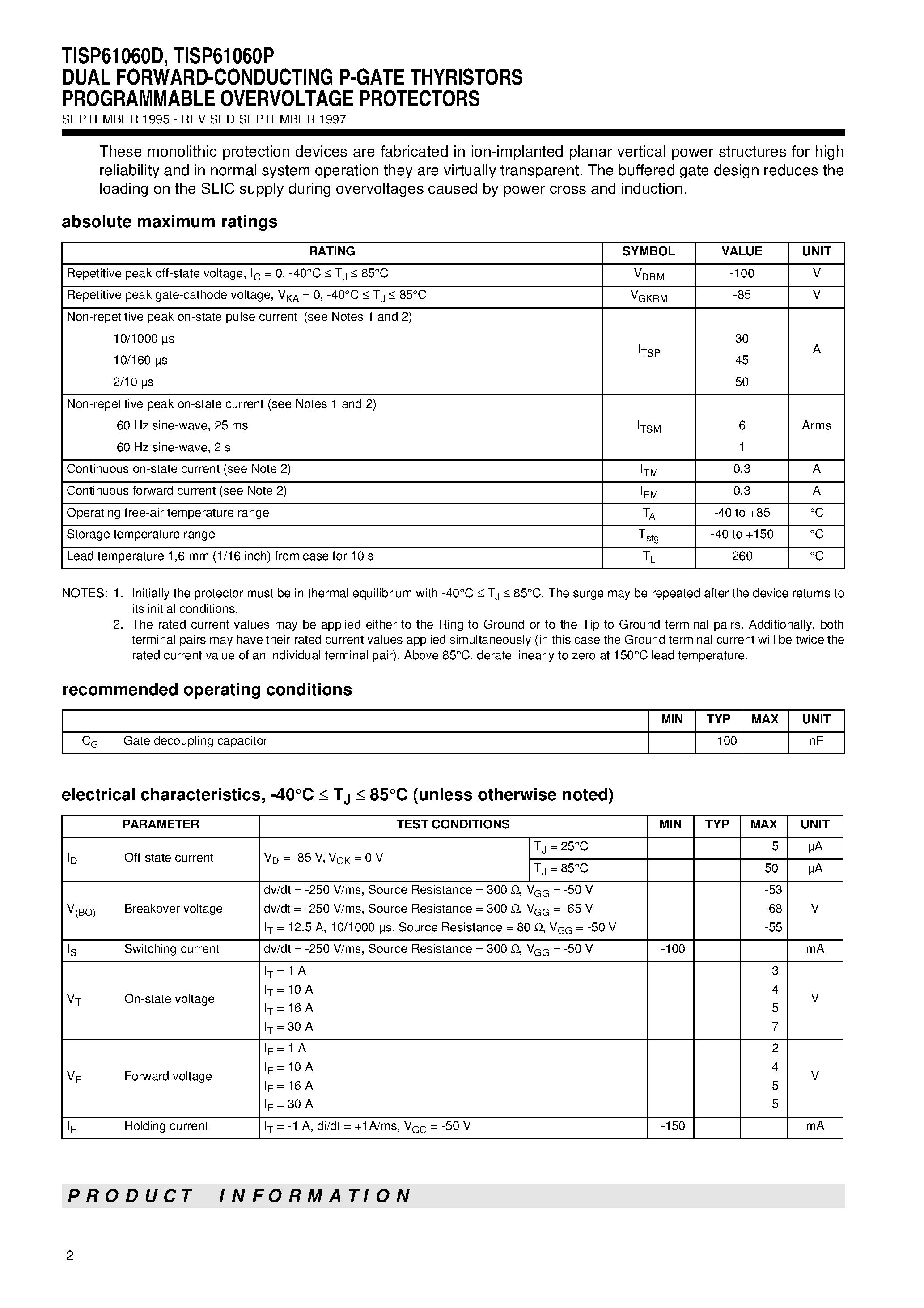 Datasheet LB1201AS - DUAL FORWARD-CONDUCTING P-GATE THYRISTORS PROGRAMMABLE OVERVOLTAGE PROTECTORS page 2