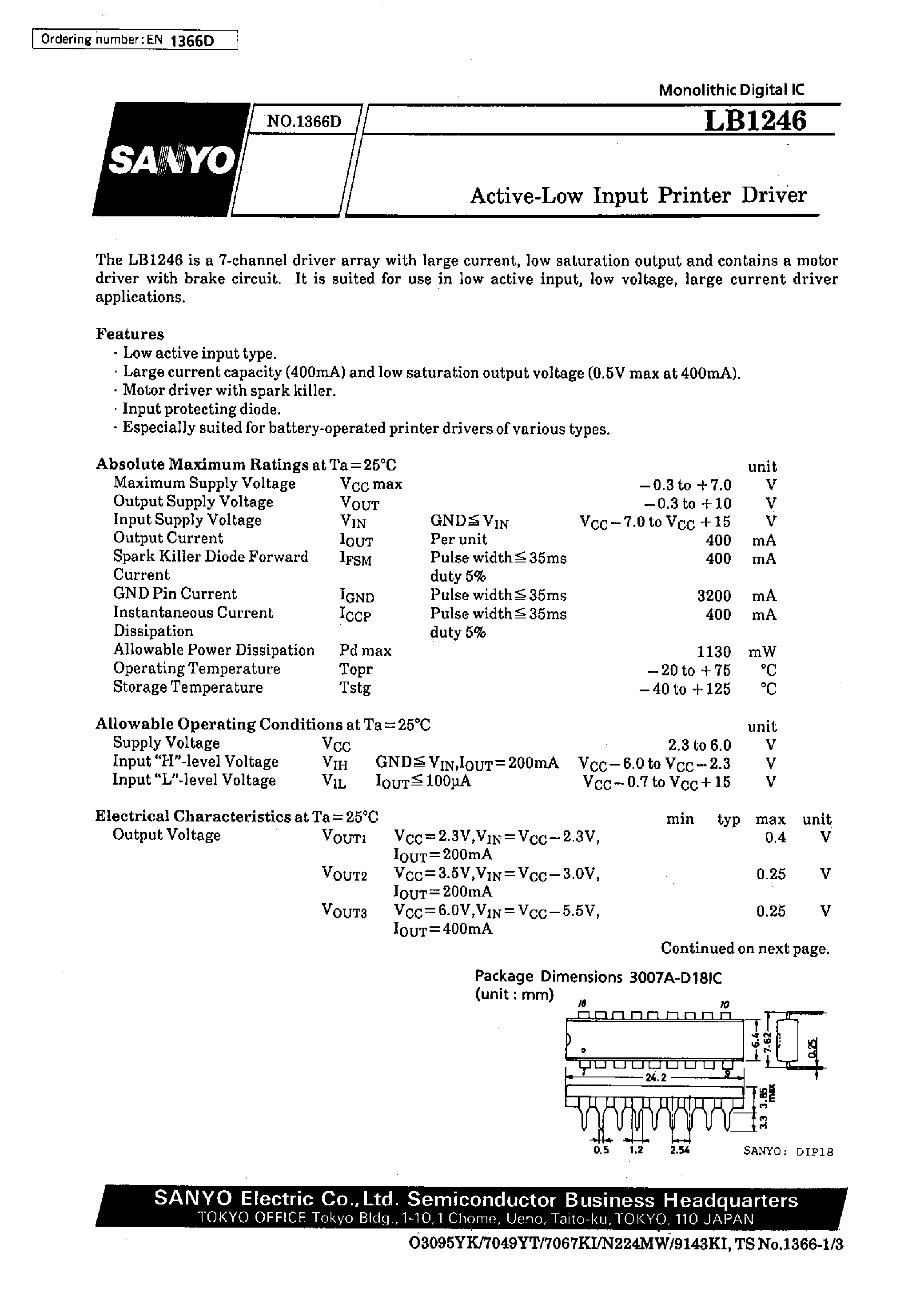 Даташит LB1246 - Active-Low Input Printer Driver страница 1