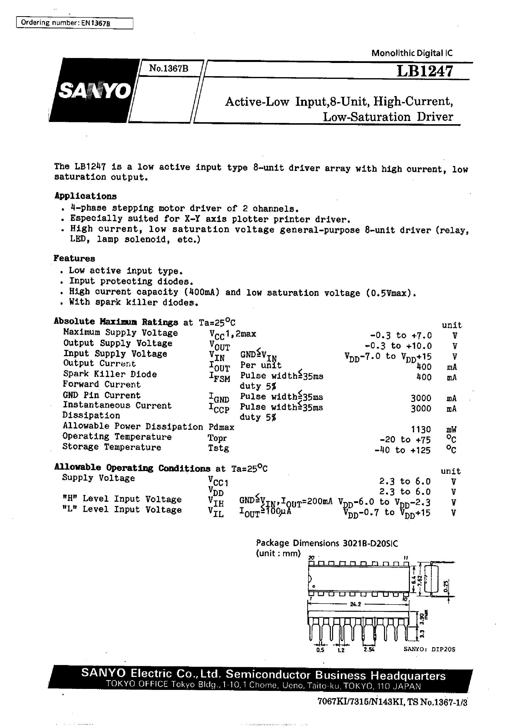Даташит LB1247 - Active-Low Input /8-Unit / High-Current / Low-Saturation Driver страница 1