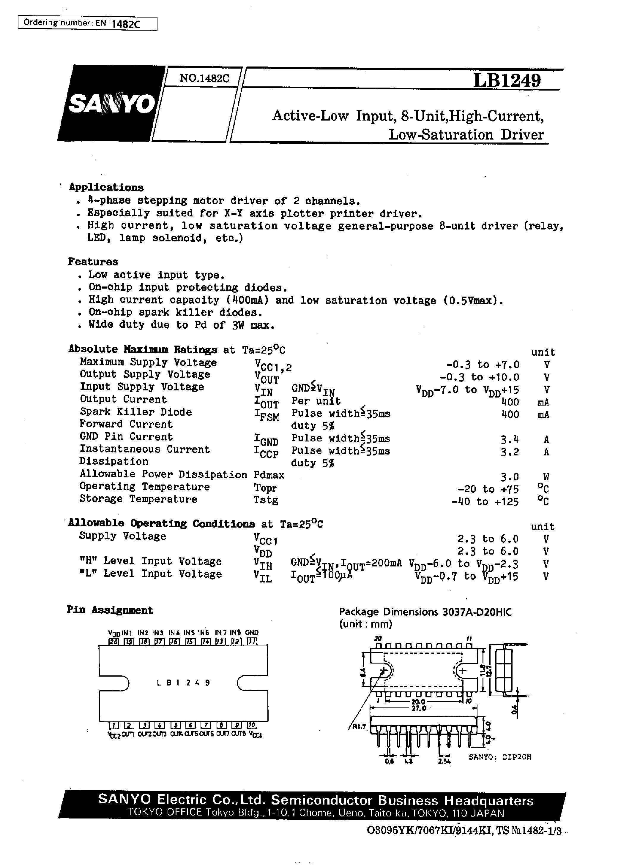 Даташит LB1249 - Active-Low Input /8-Unit / High-Current / Low-Saturation Driver страница 1