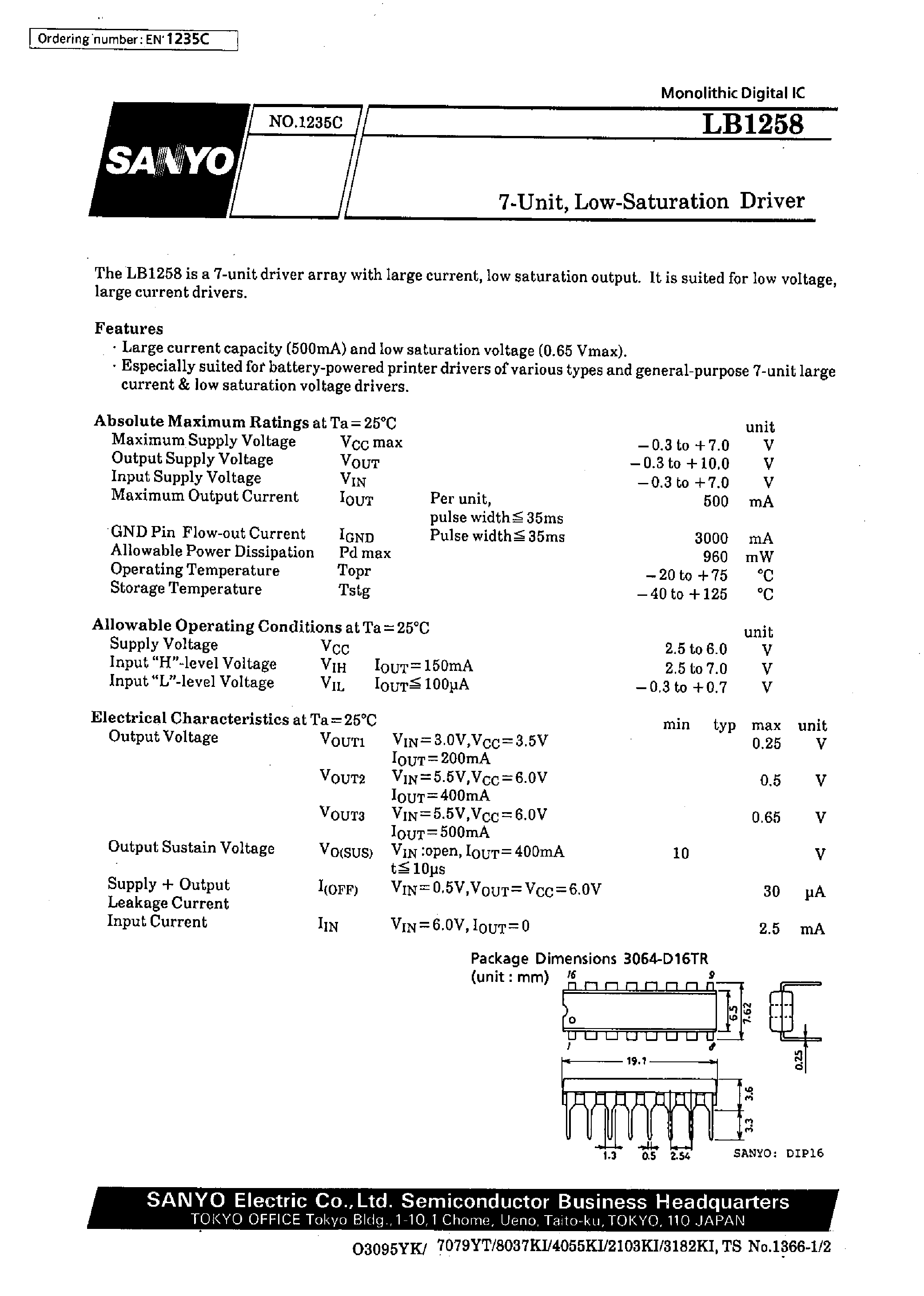 Datasheet LB1258 page 1 Datasheet LB1258 - 7-Unit / Low-Saturation Driver page 1
