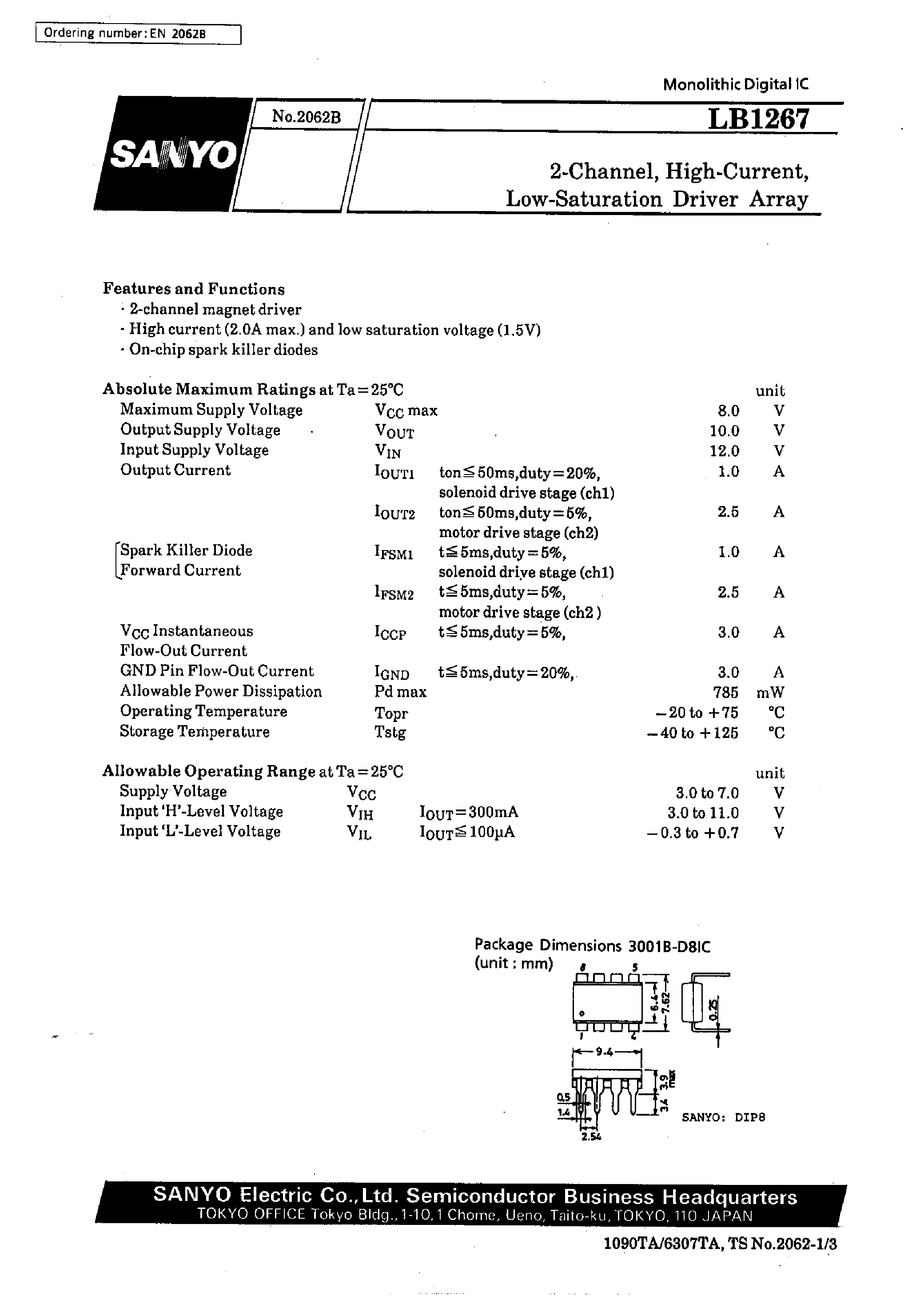 Datasheet LB1267 - 2-Channel / High-Current / Low-Saturation Driver Array page 1