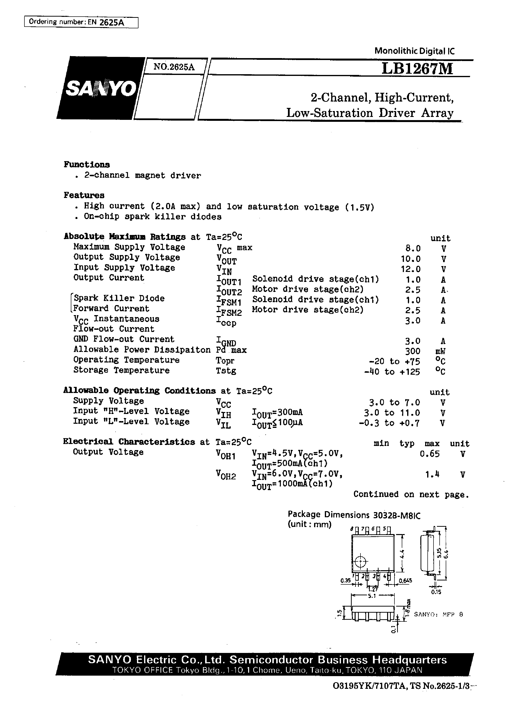 Datasheet LB1267M page 1 Datasheet LB1267M - 2-Channel / High-Current / Low-Saturation Driver Array page 1