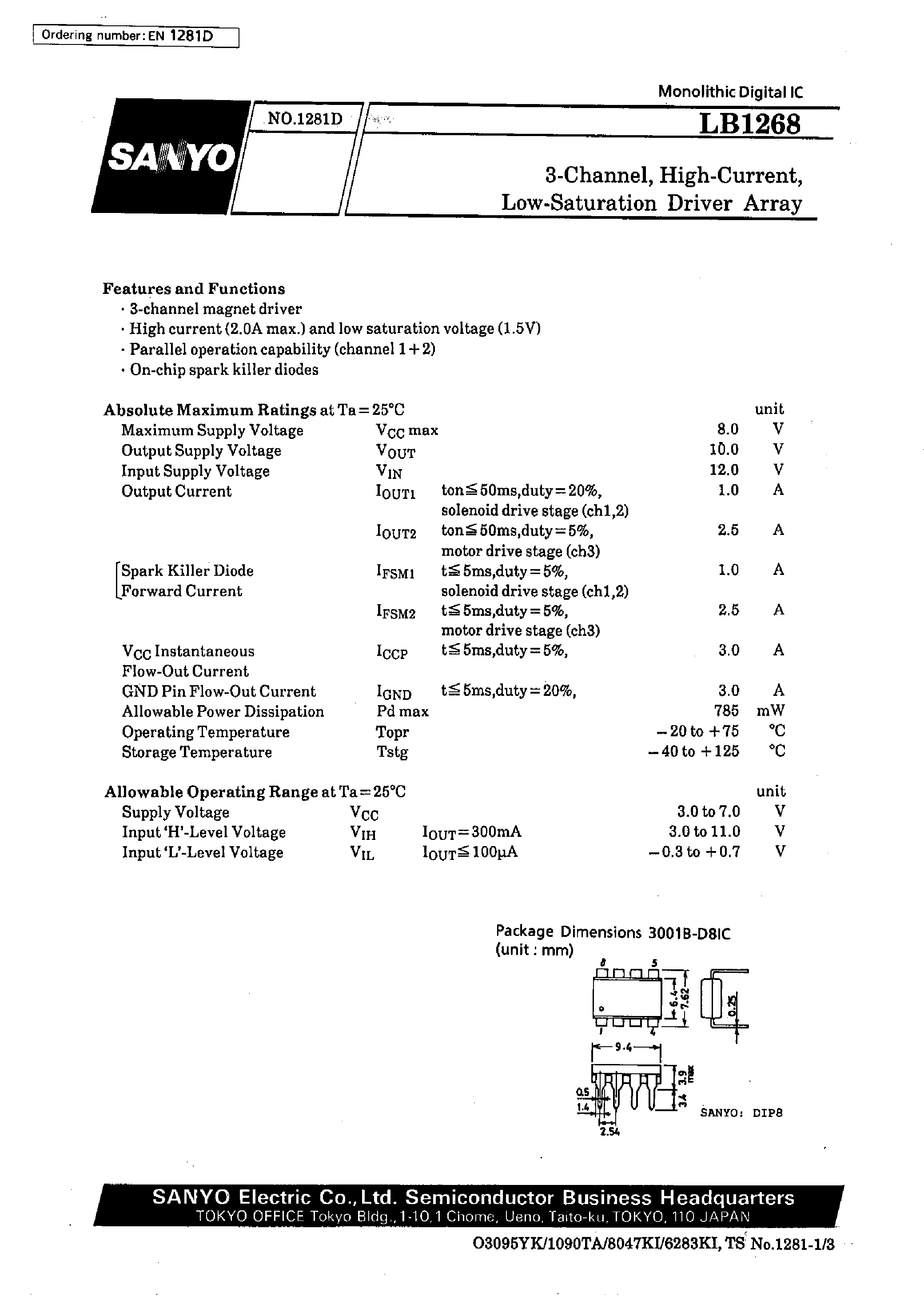 Datasheet LB1268 - 3-Channel / High-Current / Low-Saturation Driver Array page 1