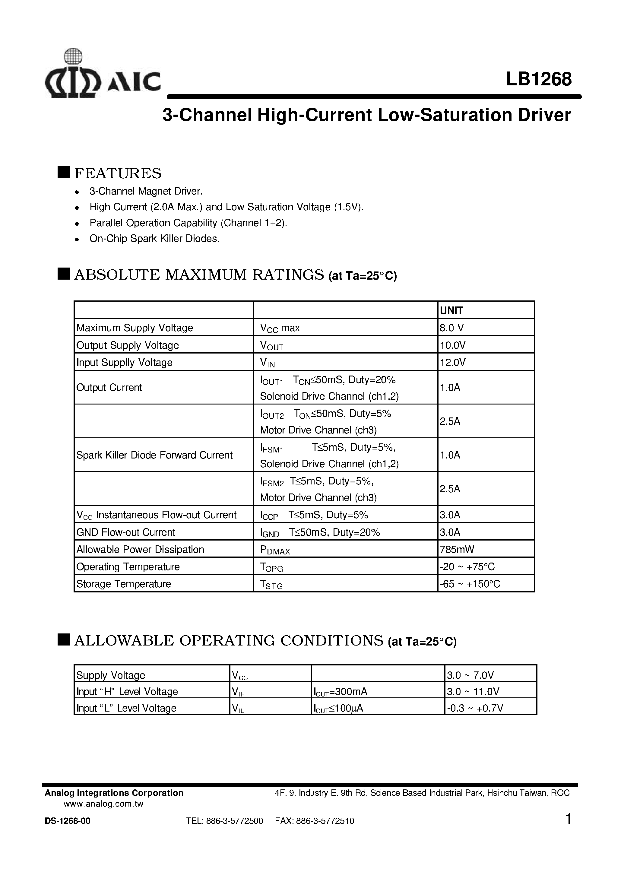 Datasheet LB1268 - 3-Channel High-Current Low-Saturation Driver page 1