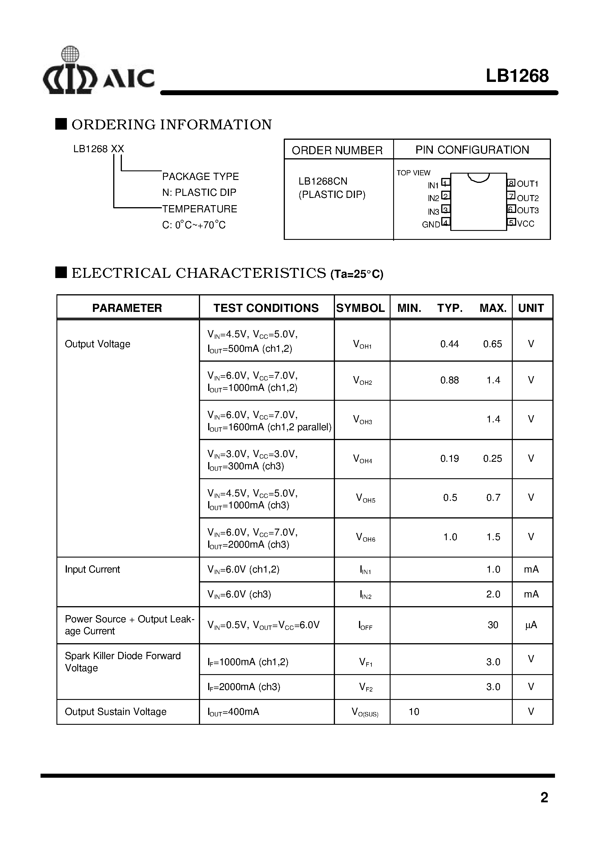 Datasheet LB1268 - 3-Channel High-Current Low-Saturation Driver page 2