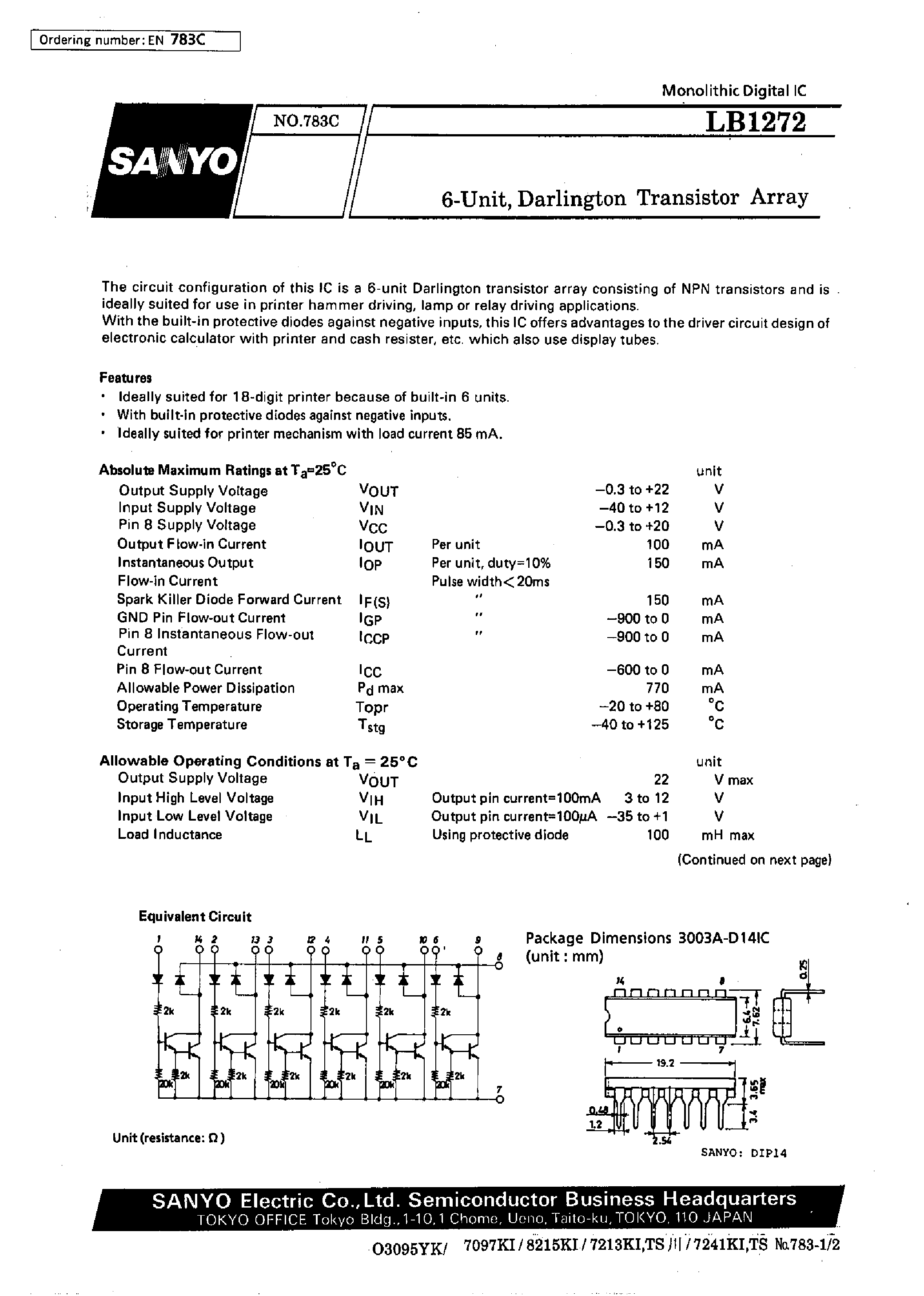 Datasheet LB1272 page 1 Datasheet LB1272 - 6-Unit / Darlington Transistor Array page 1
