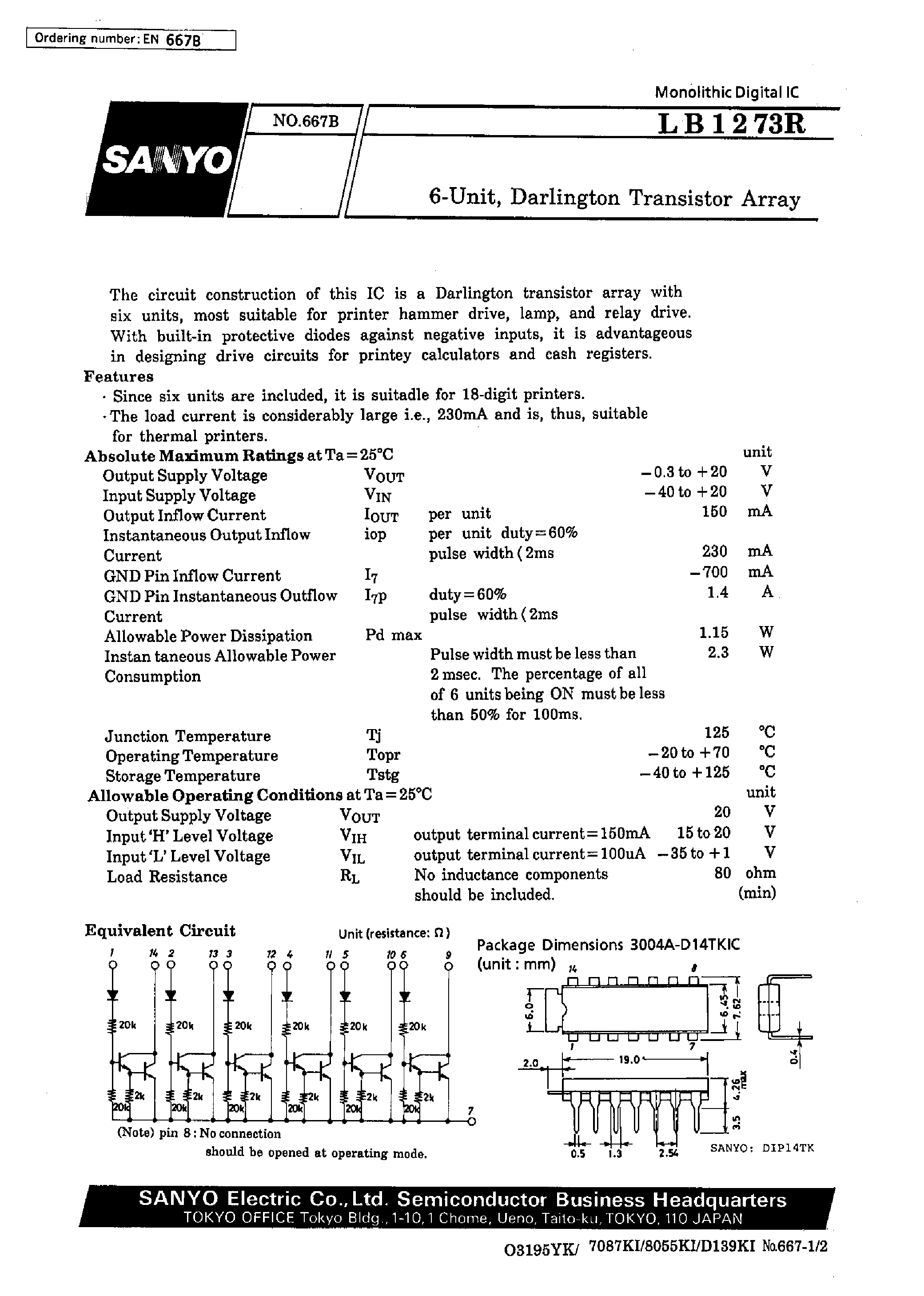 Datasheet LB1273R - 6-Unit / Darlington Transistor Array page 1