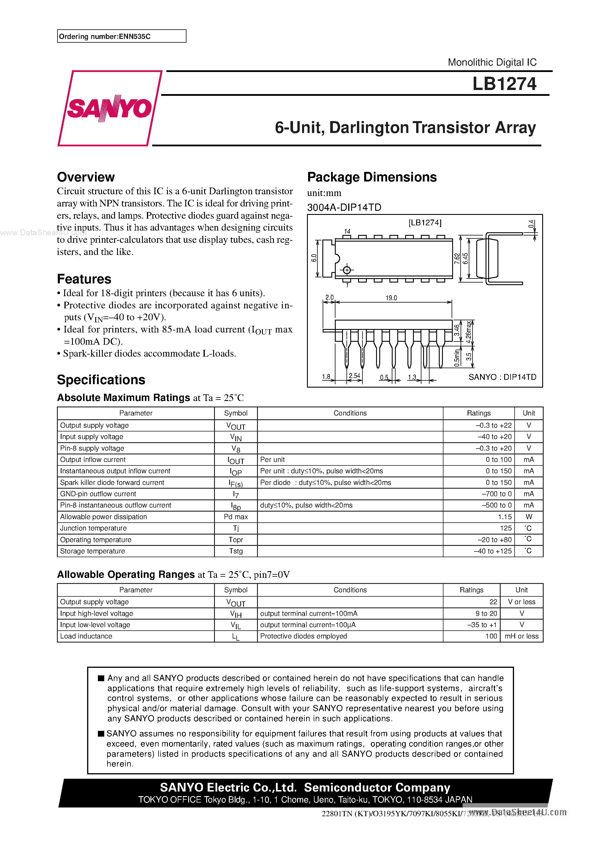 Datasheet LB1274 - 6-Unit / Darlington Transistor Array page 1
