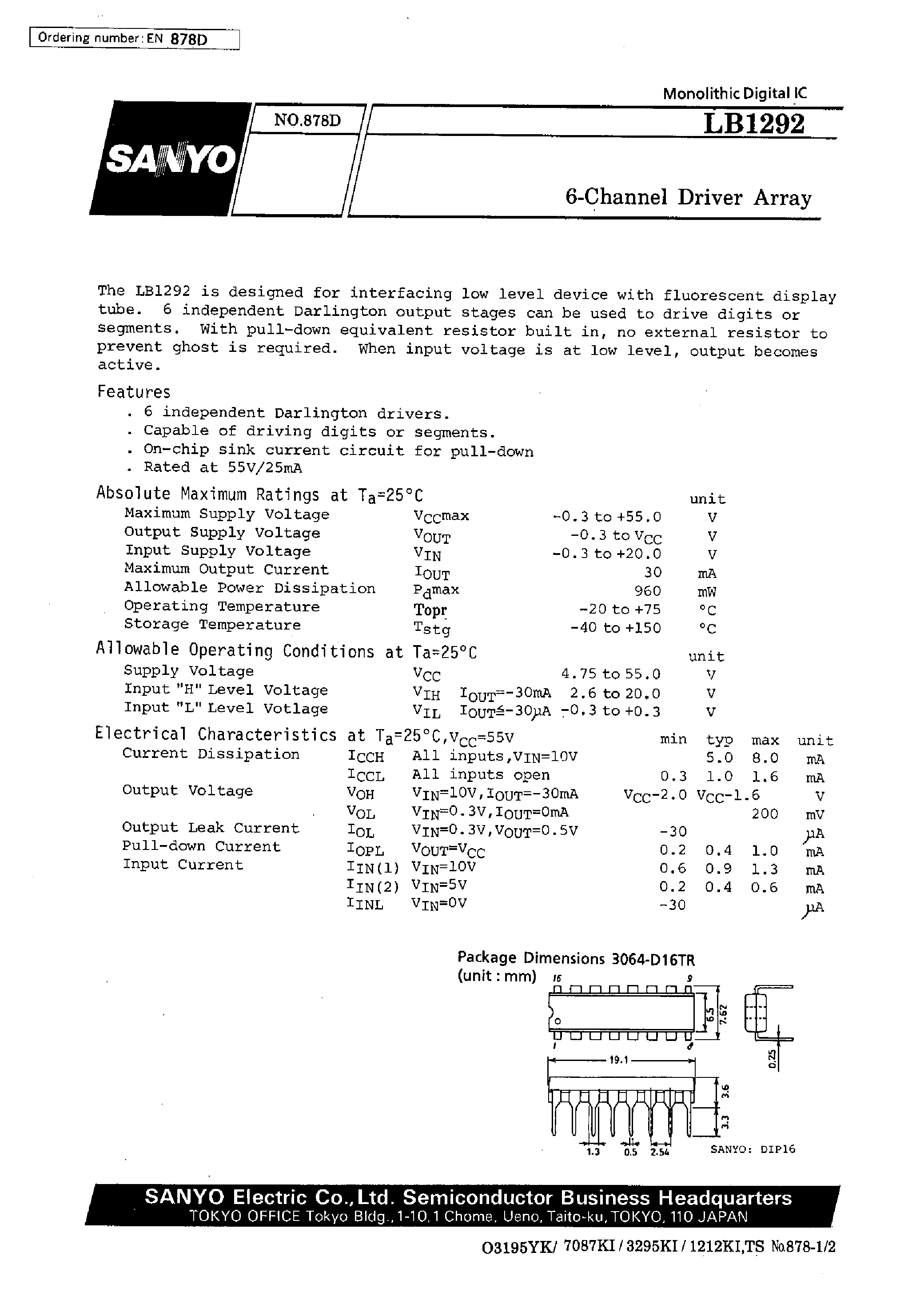 Datasheet LB1292 - 6-Channel Driver Array page 1