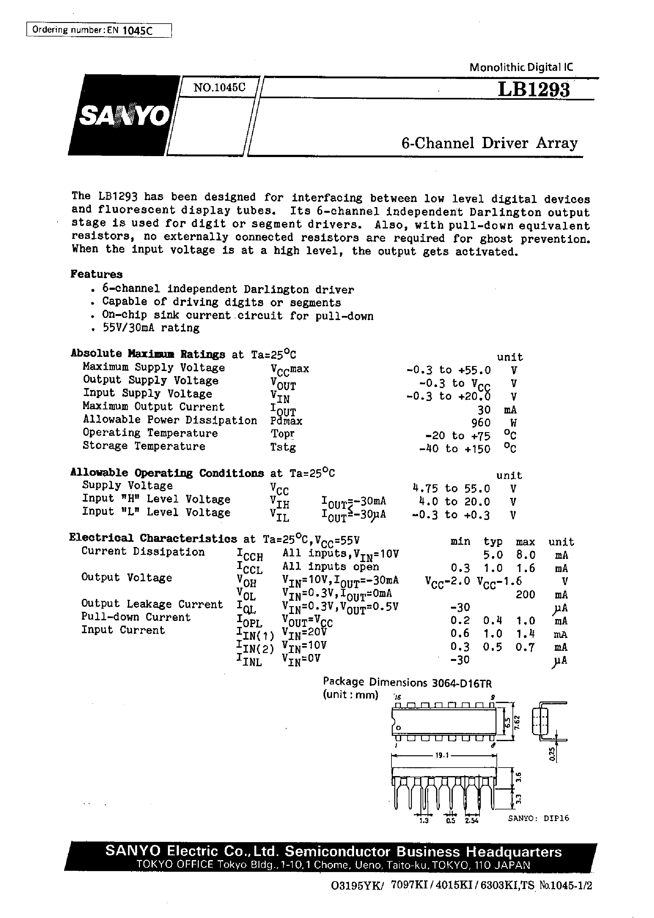 Datasheet LB1293 - 6-Channel Driver Array page 1