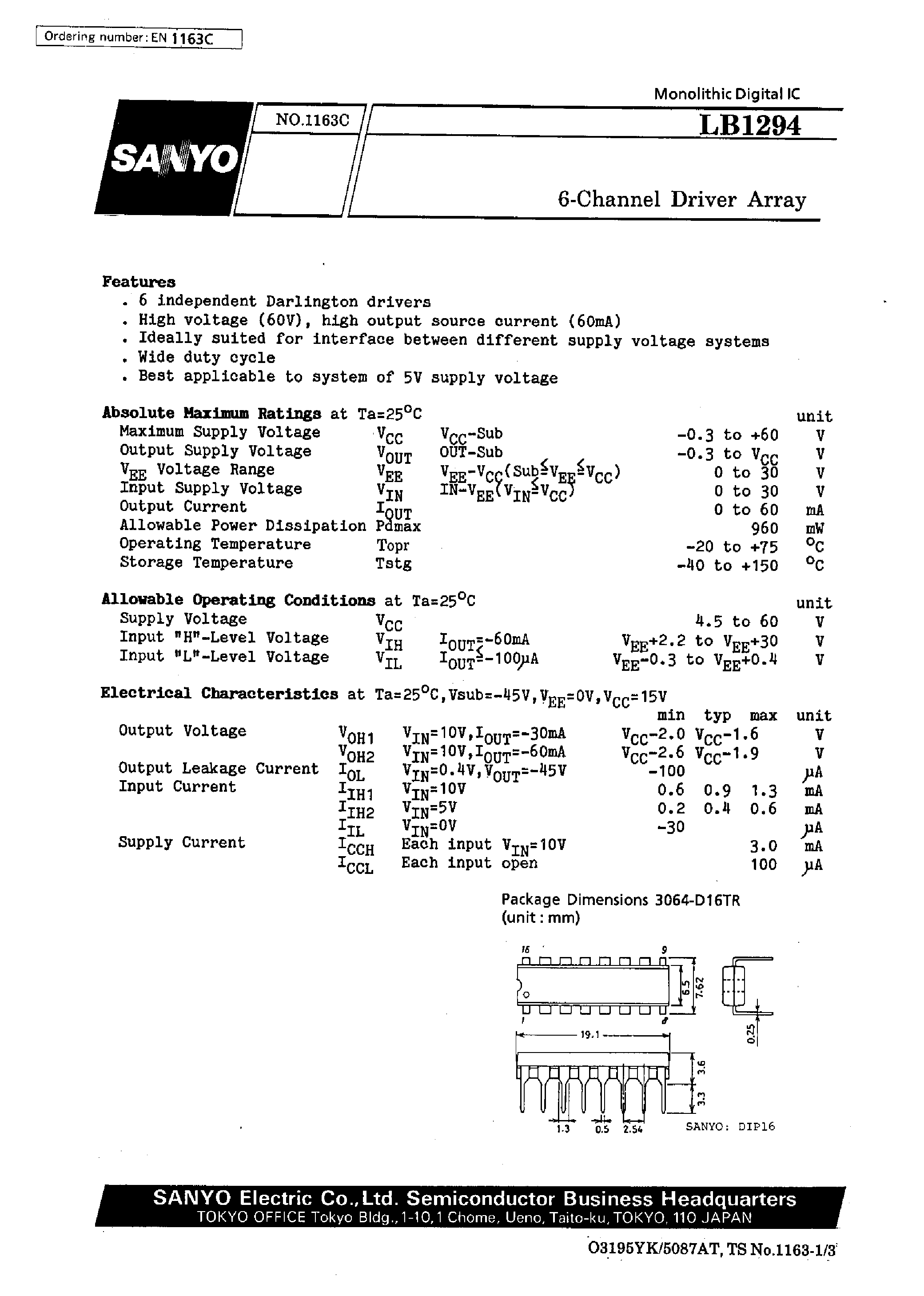 Datasheet LB1294 page 1 Datasheet LB1294 - 6-Channel Driver Array page 1