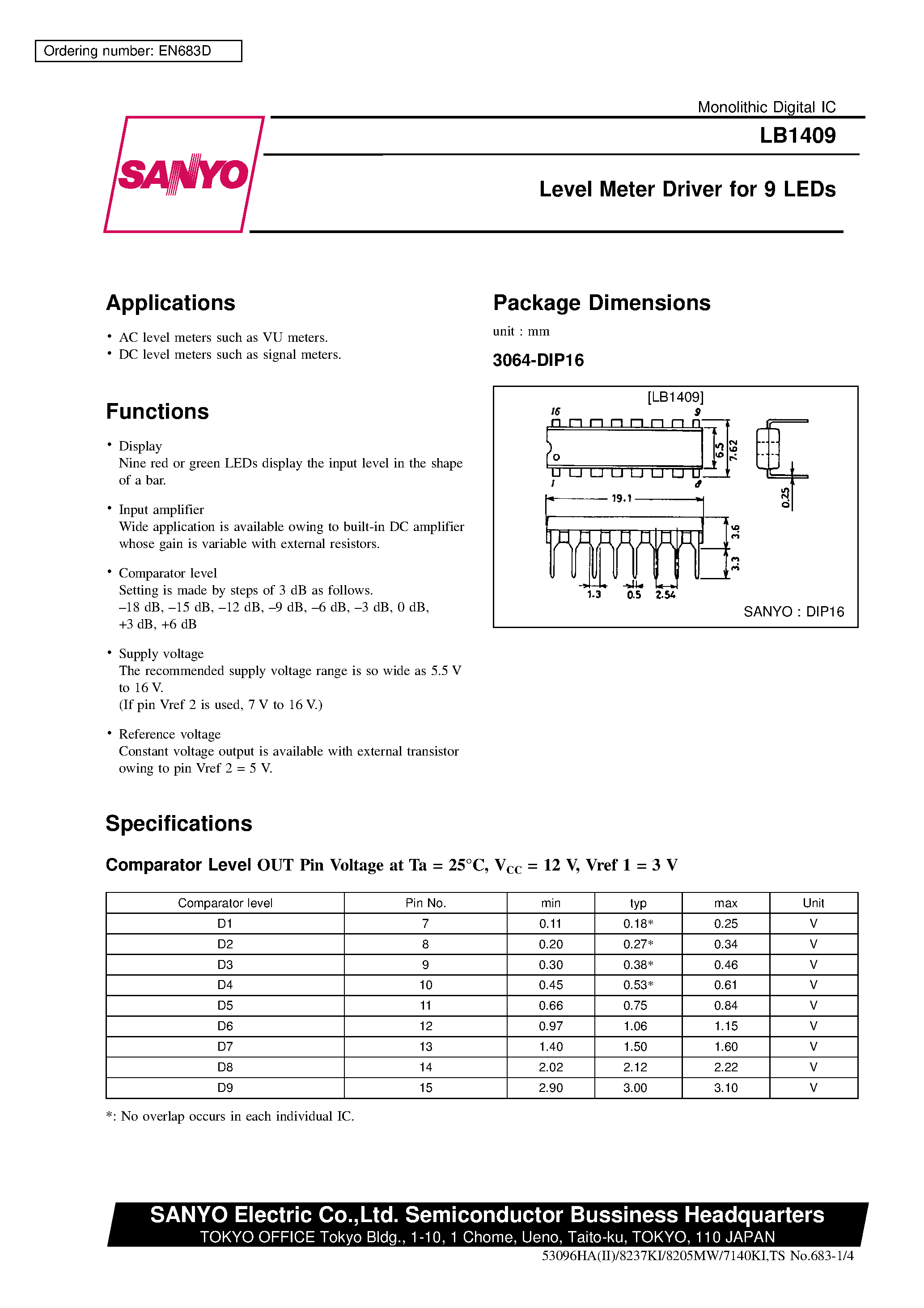 Datasheet LB1409 - Level Meter Driver for 9 LEDs page 1