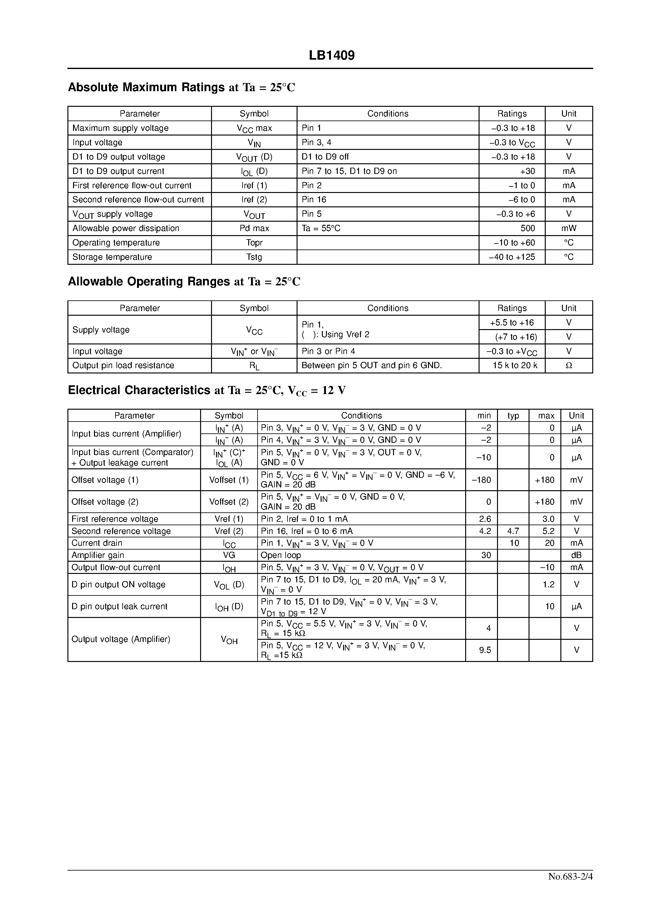 Datasheet LB1409 - Level Meter Driver for 9 LEDs page 2