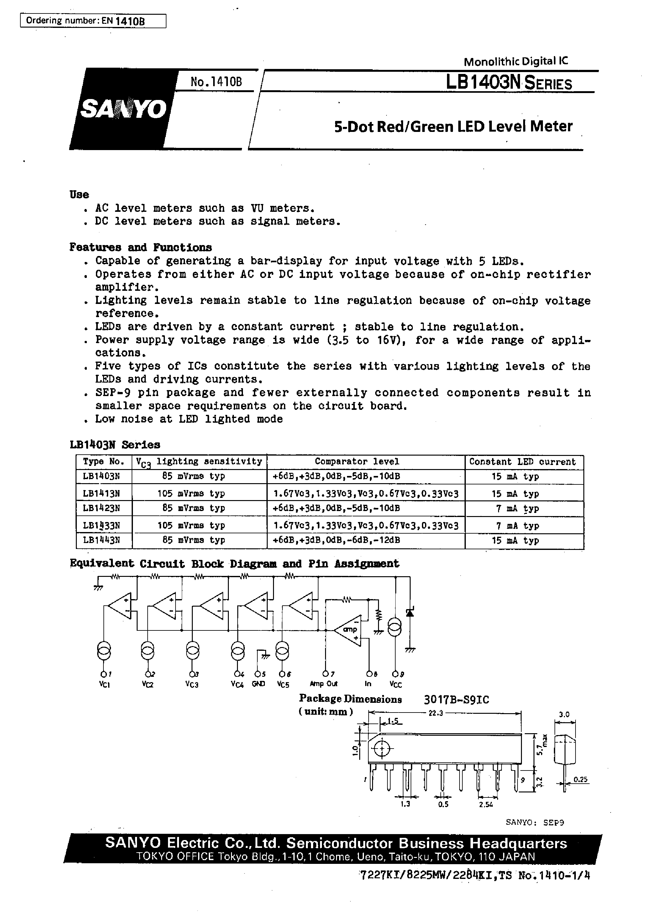 Datasheet LB1433N page 1 Datasheet LB1433N - 5-Dot Red/Green LED Level Meter page 1