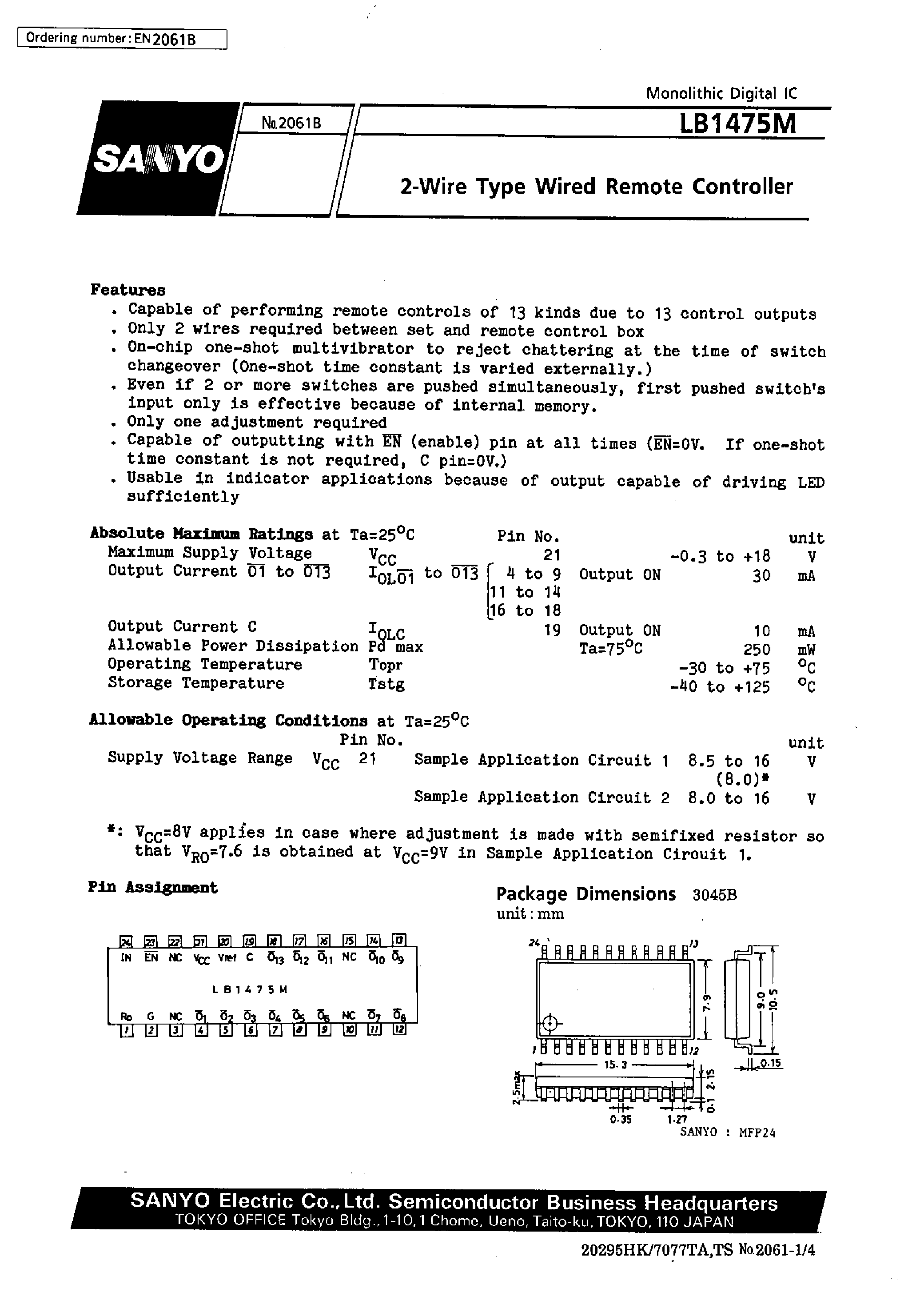 Datasheet LB1475M page 1 Datasheet LB1475M - 2-Wire Type Wired Remote Controller page 1
