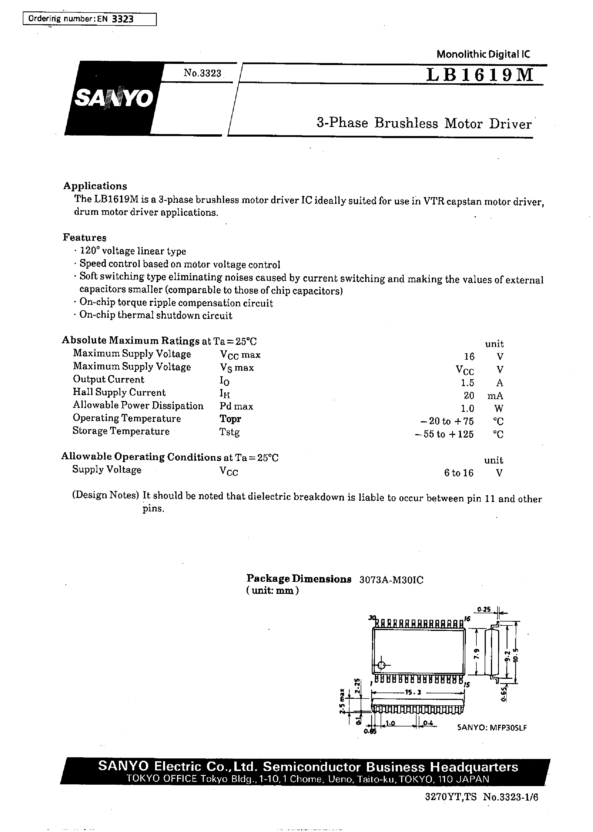 Datasheet LB1619M - 3-Phase Brushless Motor Driver page 1