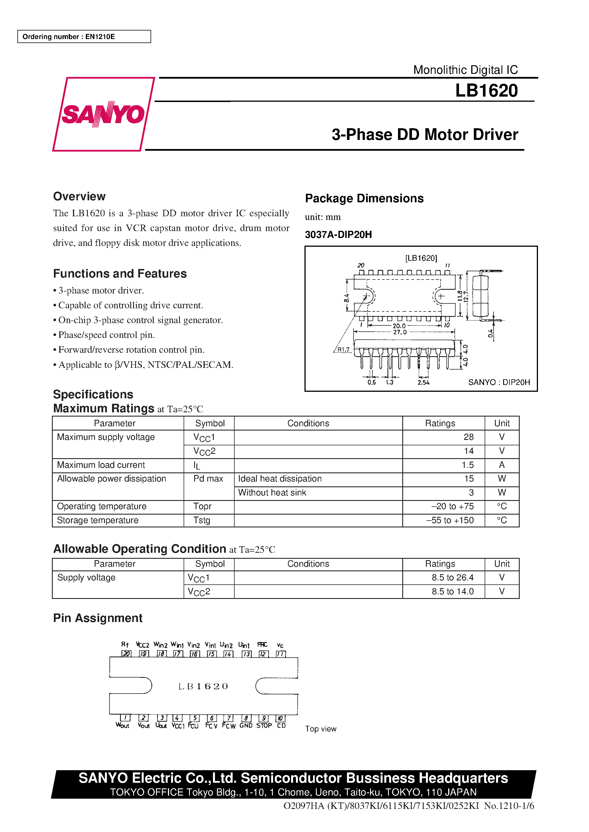 Datasheet LB1620 - 3-Phase DD Motor Driver page 1