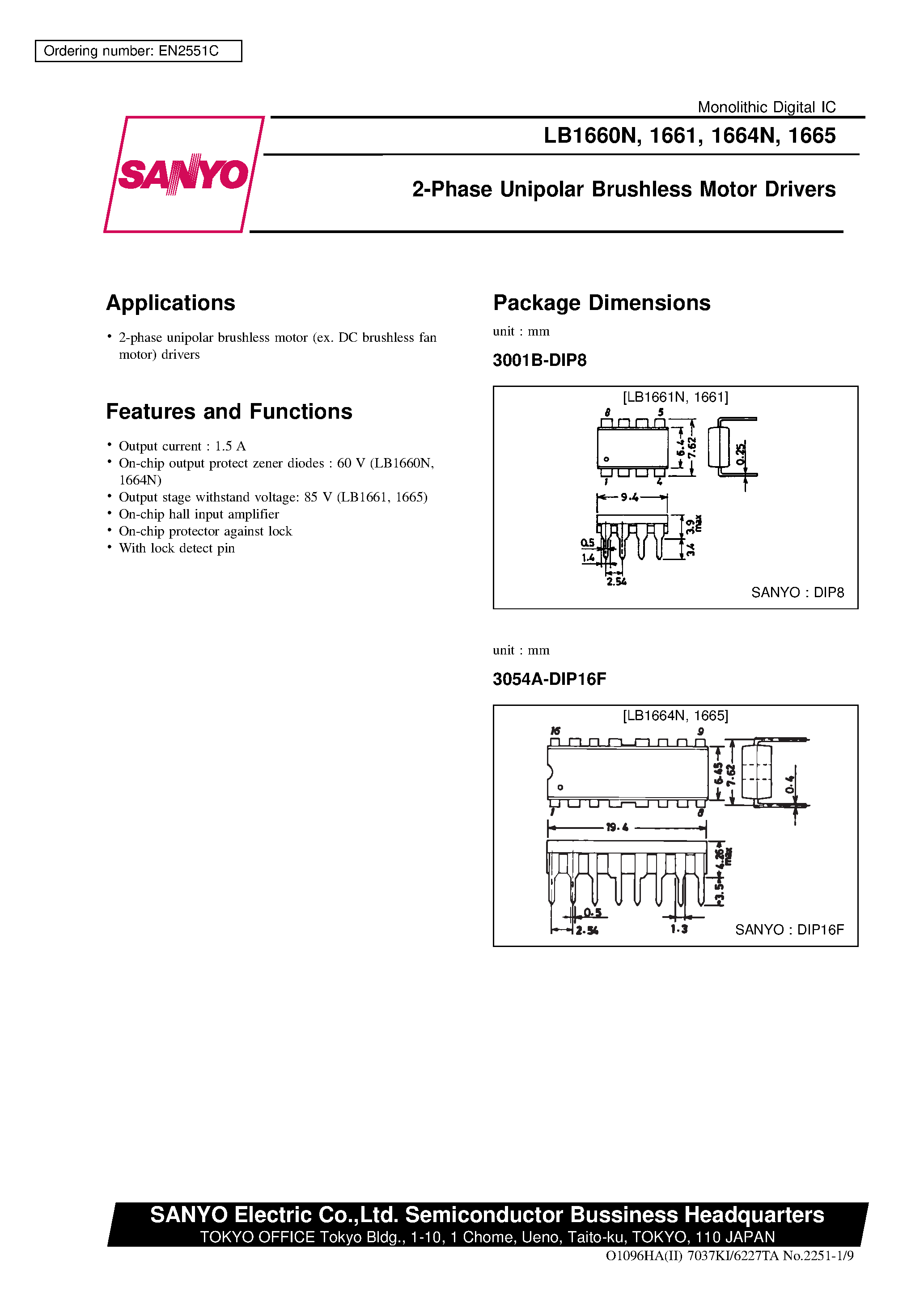 Datasheet LB1660N - 2-Phase Unipolar Brushless Motor Drivers page 1
