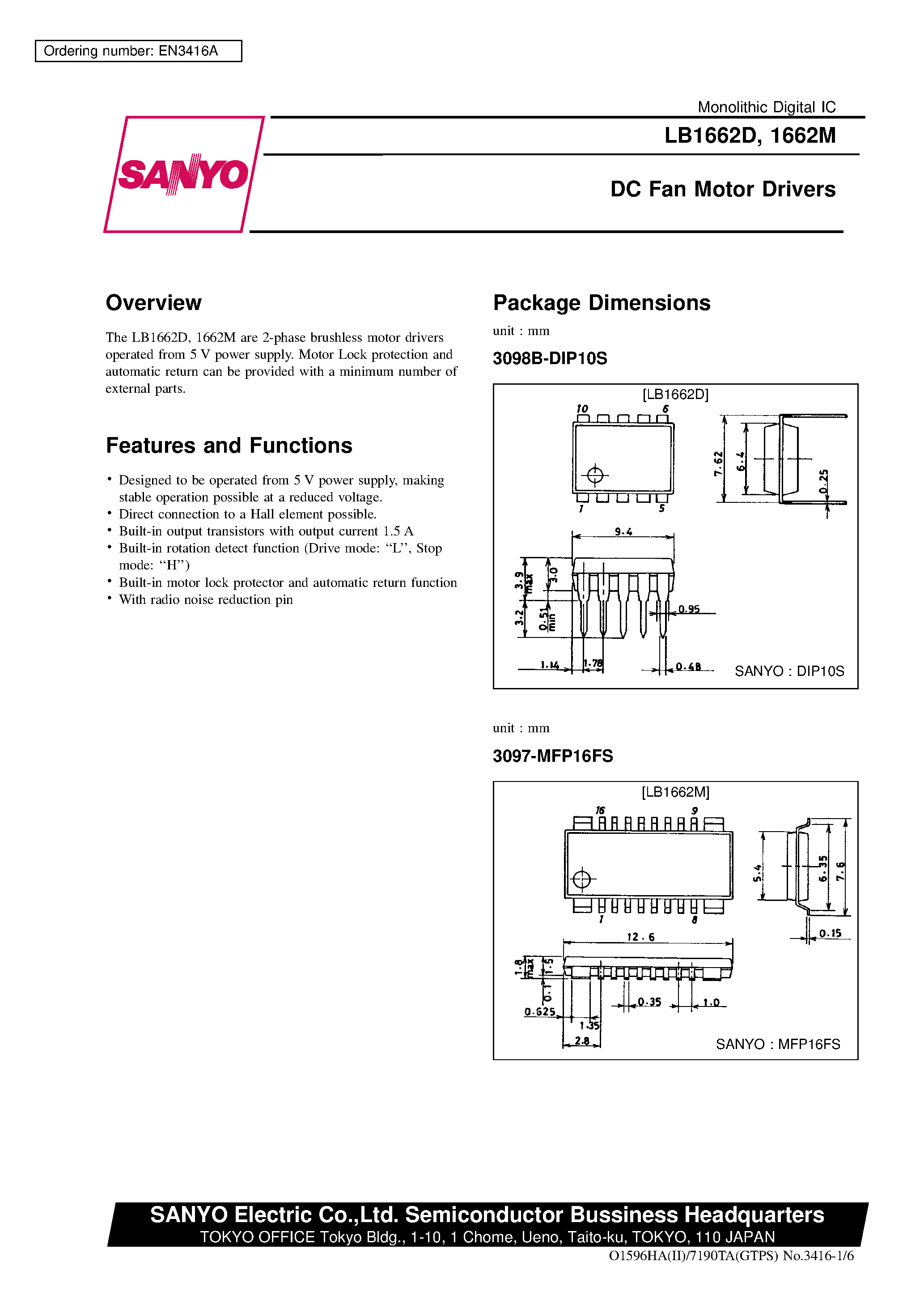 Datasheet LB1662D - DC Fan Motor Drivers page 1