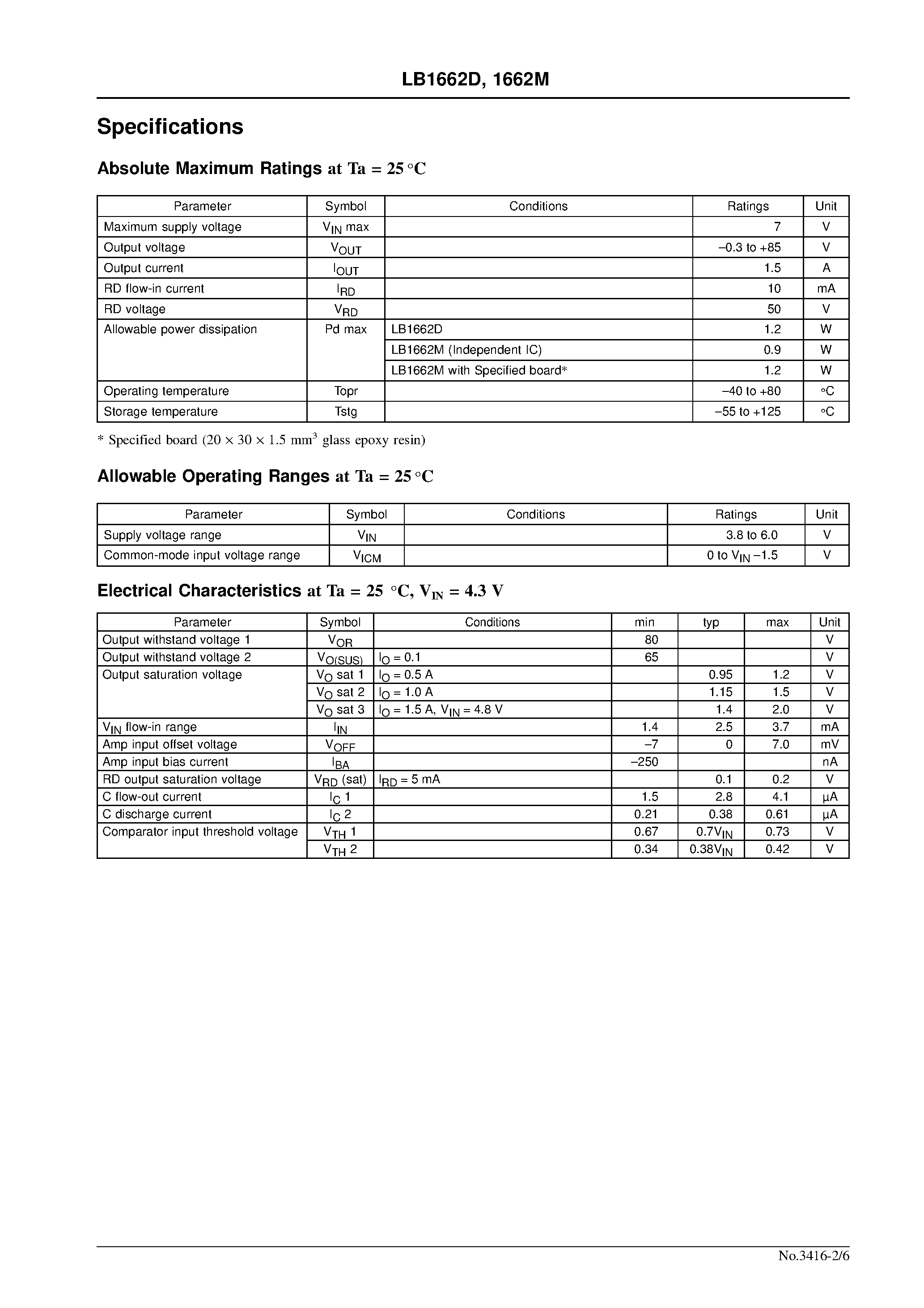 Datasheet LB1662M - DC Fan Motor Drivers page 2