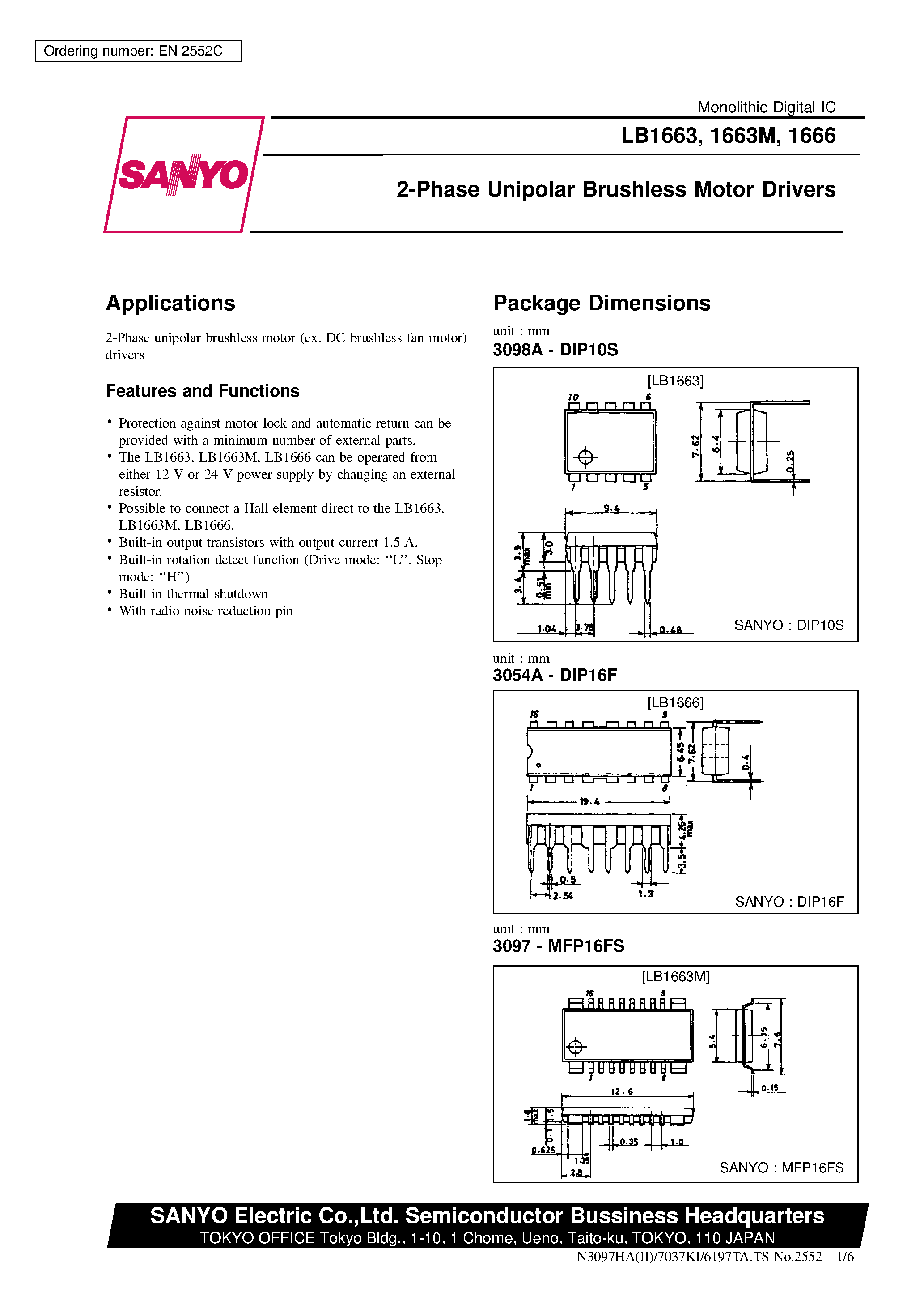Datasheet LB1663 - 2-Phase Unipolar Brushless Motor Drivers page 1